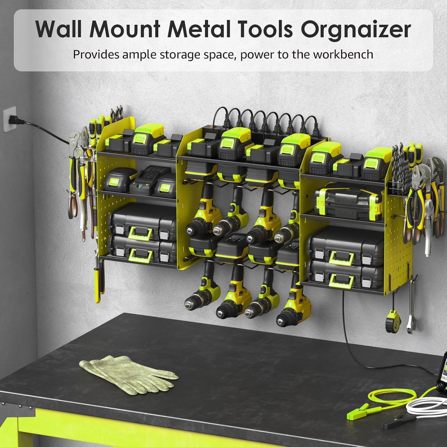CCCEI Green Large Tools Organizer Wall Mount Charging Station, 39 Inch Long Power Tool Battery Storage Rack with 6FT Power Strip. 8 Drill Holder, Garage Utility Shelves. Pegboard Hanging Extension.