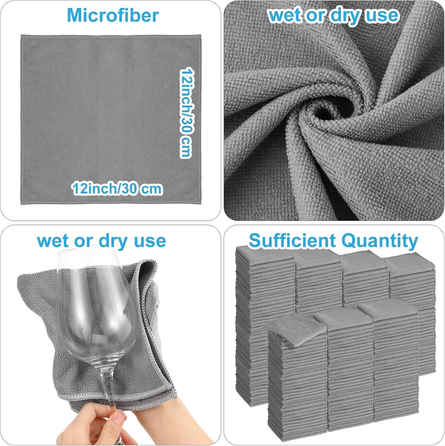 Tenare 100 Pack 12'' x 12'' Microfiber Cleaning Cloths Reusable Cleaning Rags Bulk Microfiber Towels Softer Highly Absorbent Washcloths for House Kitchen Car Window(Gray)