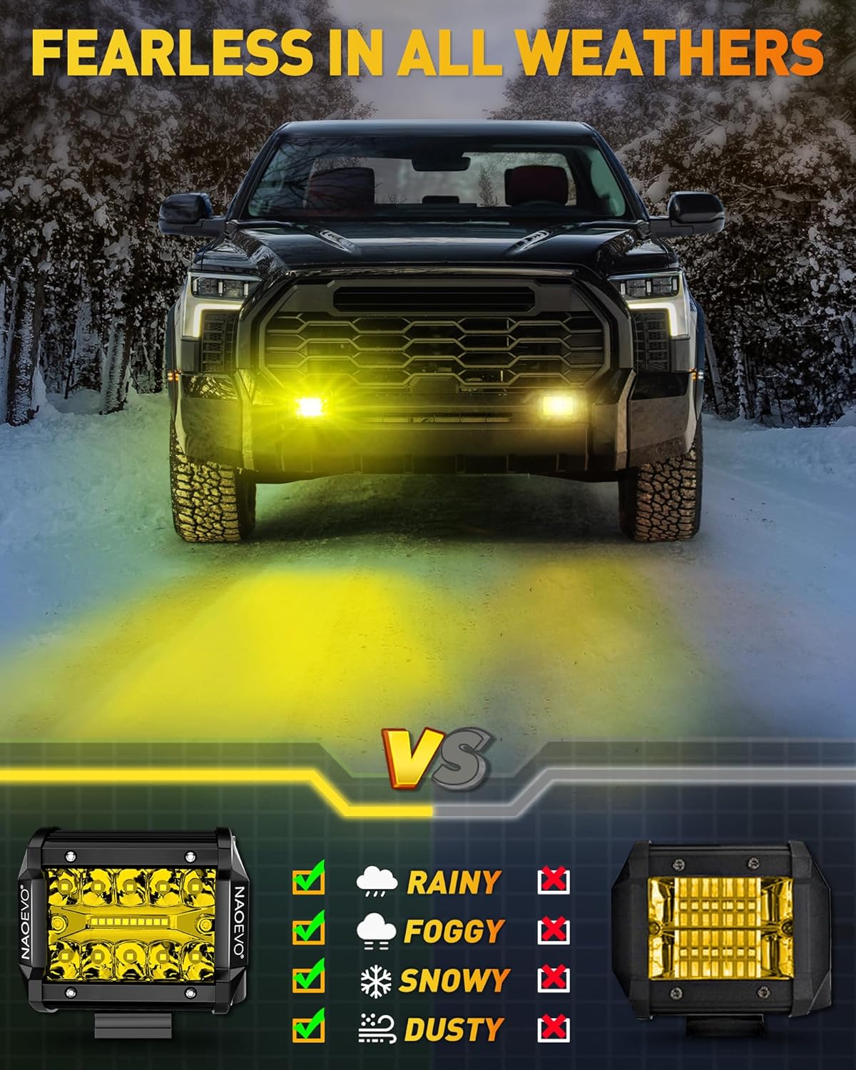 NAOEVO 4 Inch LED Pod Lights, Spot Flood Yellow LED Fog/Driving/Off Road Lights with 2 Leads Wiring Harness, Cube Pods for Truck Boat ATV UTV, 2 Pcs (Yellow)