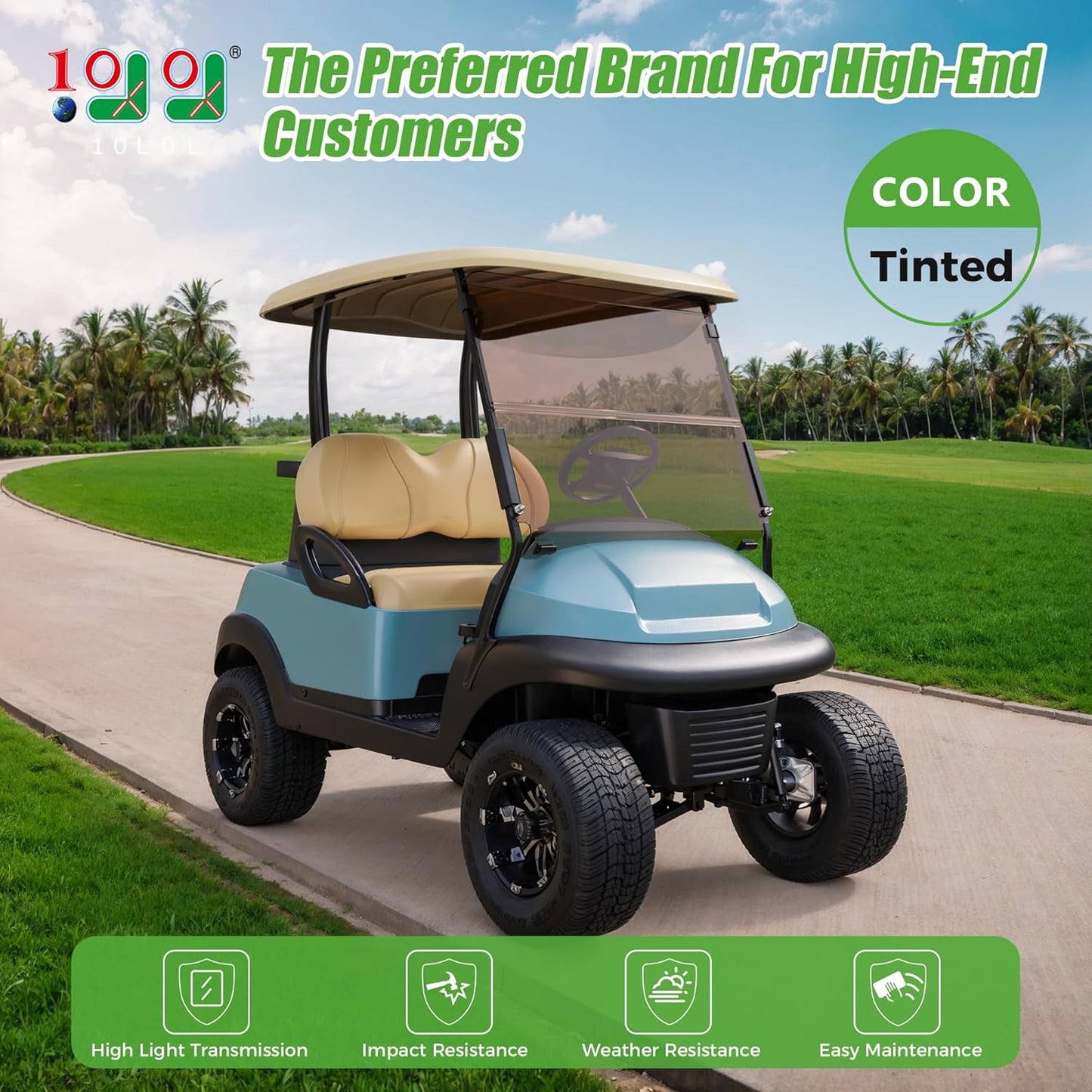 10L0L Golf Cart Windshield for Club Car Precedent 2004-Up, Tempo, 2017-Up Onward, Clear/Tinted Fold Down Club Car Windshield Anti-UV Impact Resistant - 37.5"W X 33.6"H