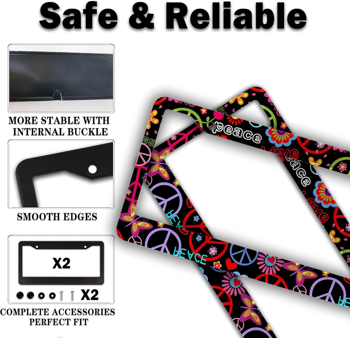 Car License Plate Frame Multicolor License Plate Frames Hippies Peace Flower Aluminum Metal Car Accessory 2 Pack with Screw Covers Set