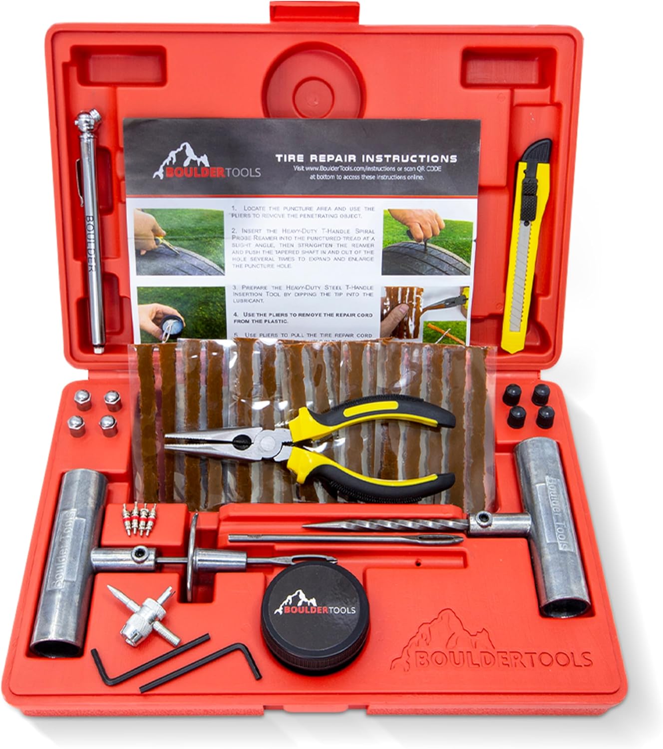 Boulder Tools | Heavy Duty Tire Repair Kit - Flat Tire Patch Kit, Tools for Quick and Easy Repair - Tire Plugs Kit Suitable for Car, Truck, RV, SUV, ATV, Motorcycle, Tractor, Bike & Trailer