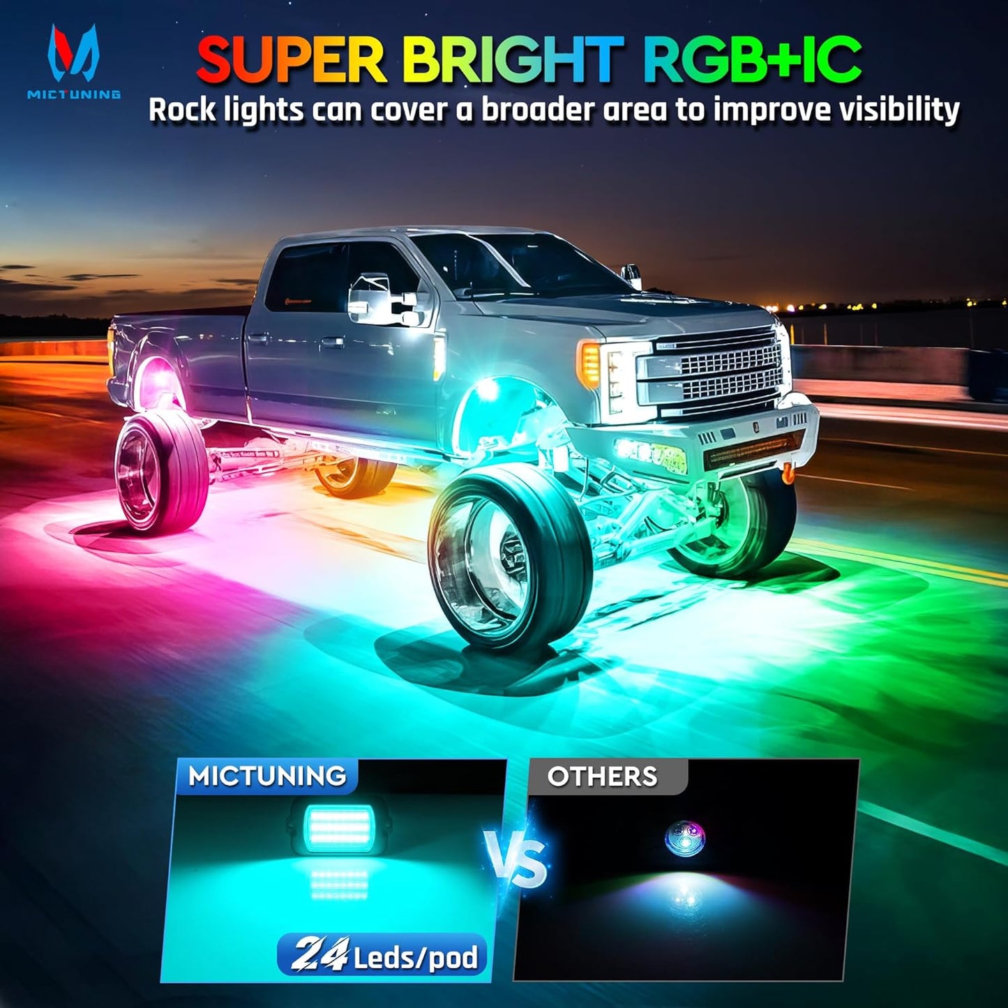MICTUNING 2025 1000% Bright Q1 MAX RGB+IC Rock Lights,16 Pods Chasing Dreamcolor Extensible Underglow Multicolor Neon Light Underbody Lighting Kit with APP Control for Truck ATV UTV Boat