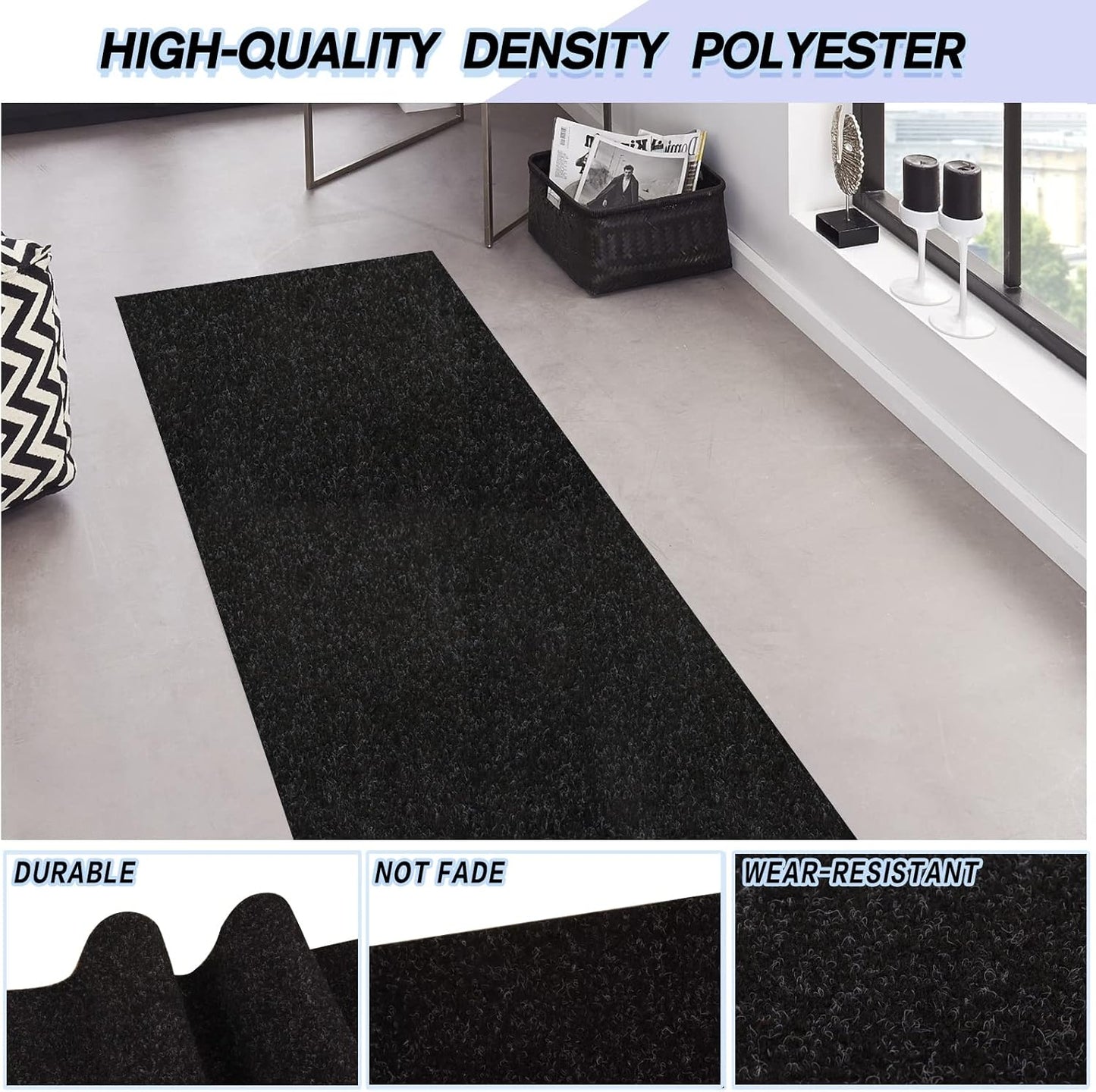 Custom Size Backed Non-Slip Area Rugs Runner, Easy Clean, Waterproof Runner Rugs for Hallway Entryway, Kitchen, Laundry, 3FT x 61FT, Black