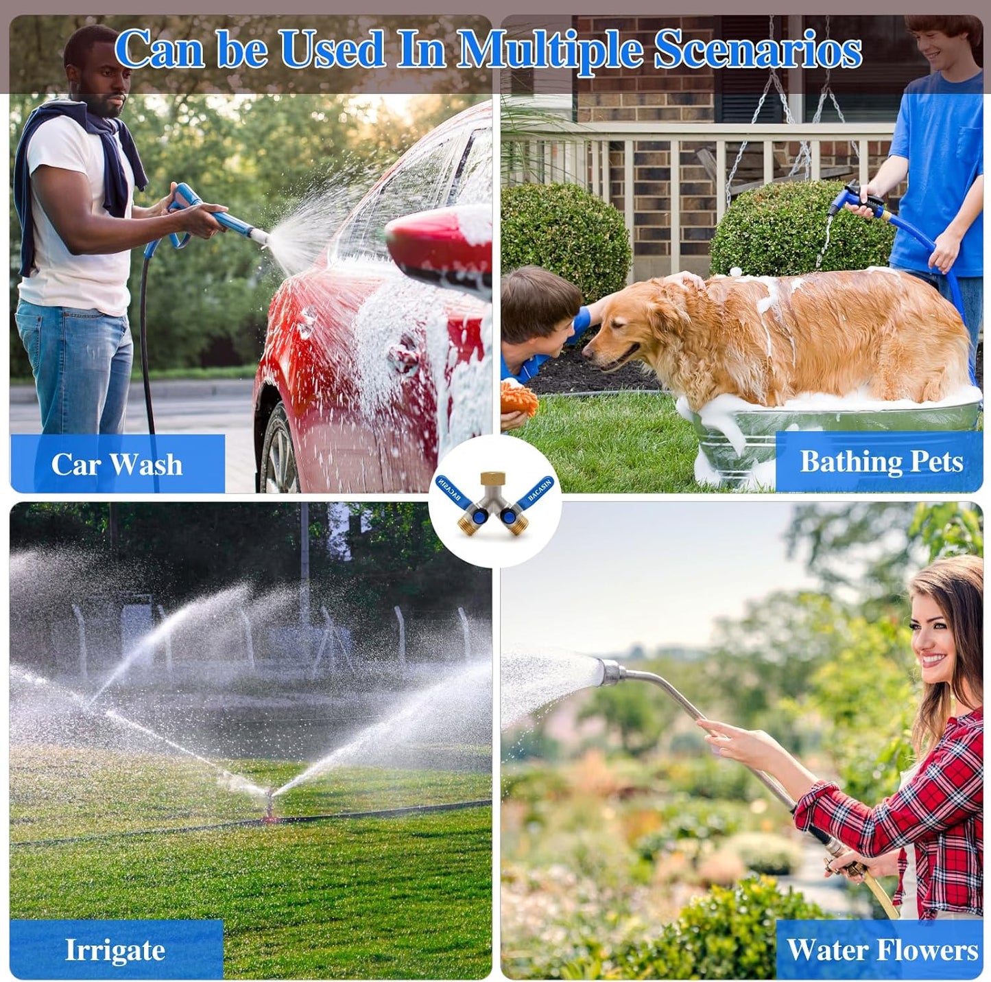 Brass Garden Hose Splitter, Garden Hose Splitter 2 Way Heavy Duty, With 2 304 Stainless Steel Extension Handles, 2-Way Y-Valve 3/4” GHT Threads (Increase Flow Style)