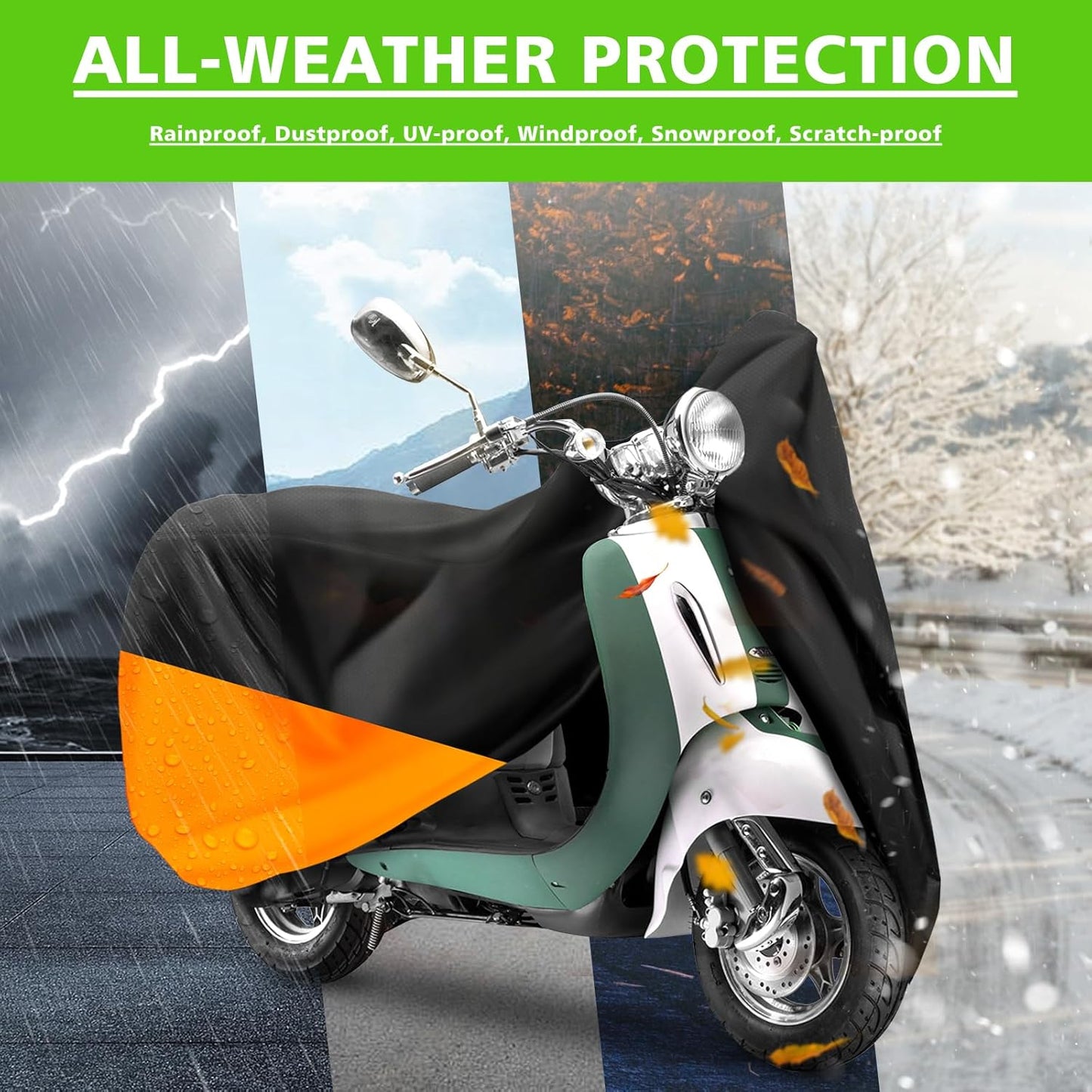 COVERVIN Scooter Outdoor Waterproof Cover, Moped Cover Vespa Cover for Honda Ruckus Yamaha 72″ Long (S, Black Orange)
