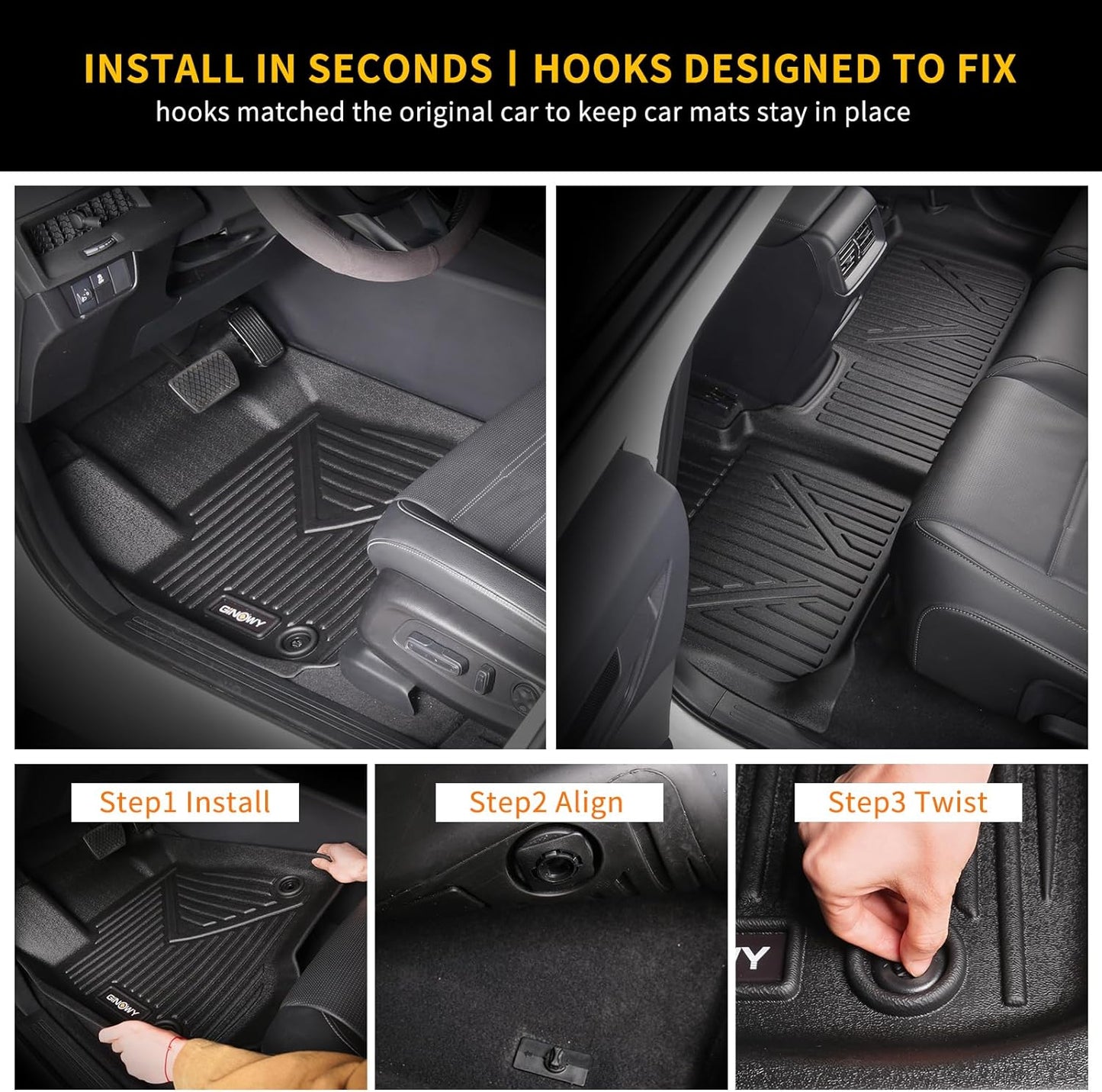 GINOWY-Floor Mats for Honda Ridgeline 2017-2023 2024 2025, TPE All Weather Protection Car Mats Custom Fit Ridgeline 2024 Floor Liners Anti-Slip Waterproof Automotive Accessories Black