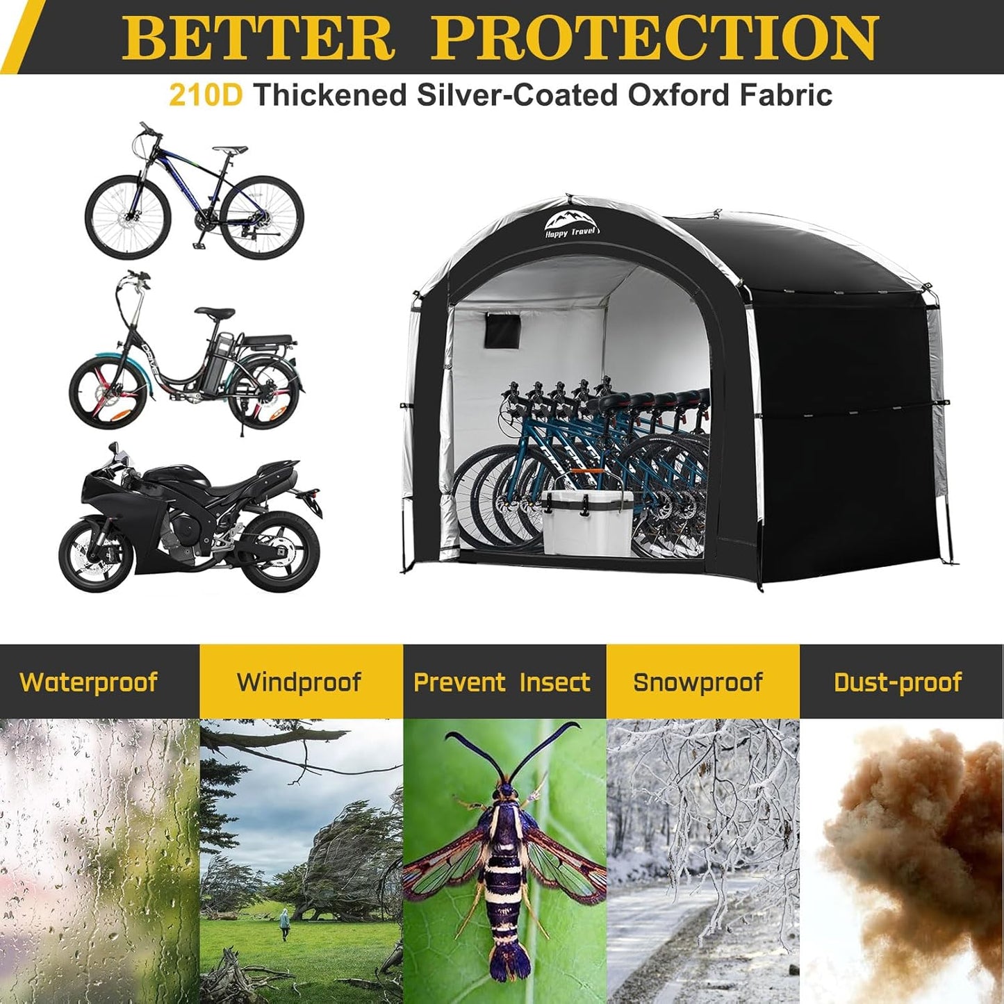 Happy Travel Bike Storage Shed Tent,Outdoor Portable Bicycle Storage Sheds with 210D Oxford Fabric PU4000 Waterproof for 2/3/4/6/8 Bikes,Bike Covers Shelter for Motorcycle,Garden Tools,Toys,Lawn Mower