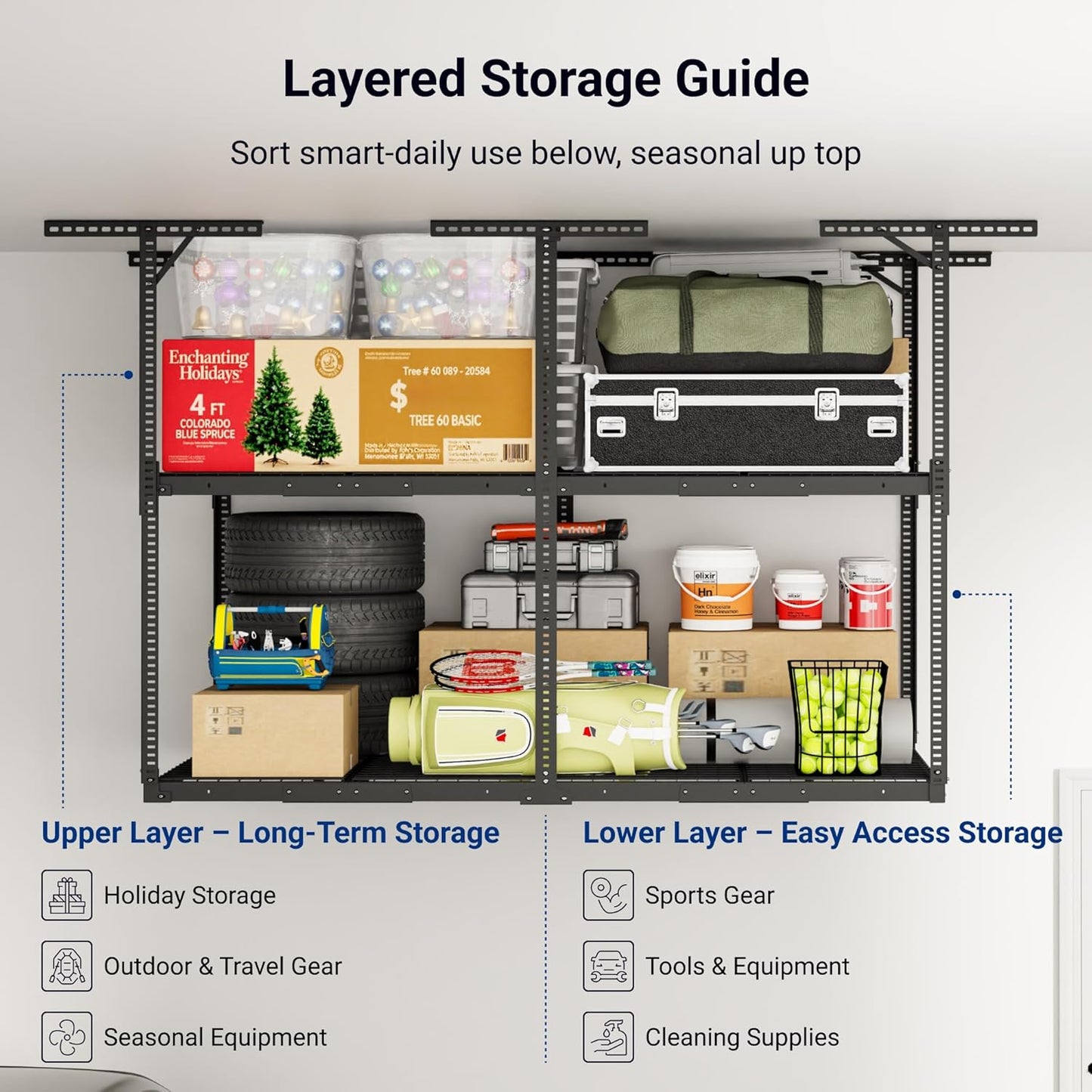 FLEXIMOUNTS 4x8 2-Tier Overhead Garage Storage Rack – Adjustable Heavy Duty Metal Garage Ceiling Storage Racks, 1000 lbs Capacity – Garages Organization System for 10–15 ft Tall Garages, Black