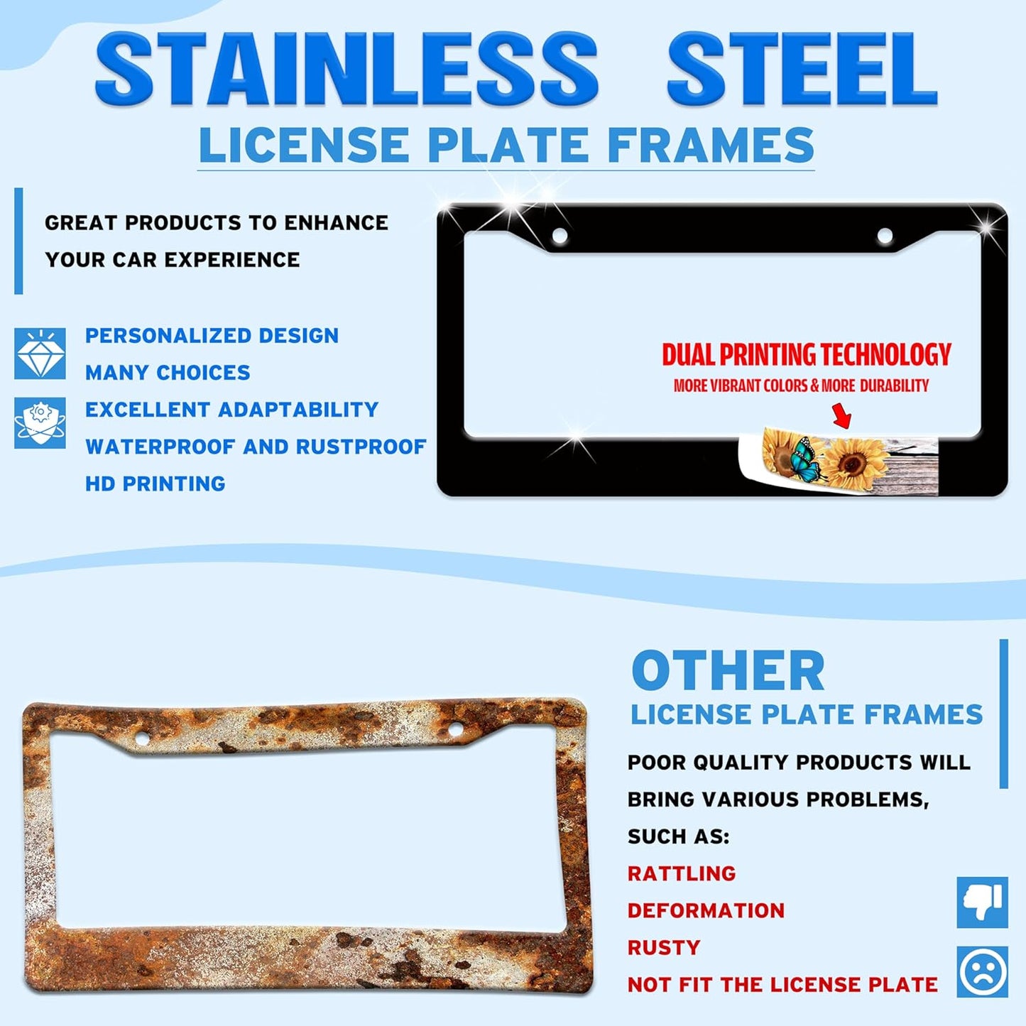 Black and White Daisies License Plate Frame Flower Art License Plate Holder for Front or Rear Car Tags Stainless Steel Funny Car Decoration with Screws 6.3 X 12.2 in