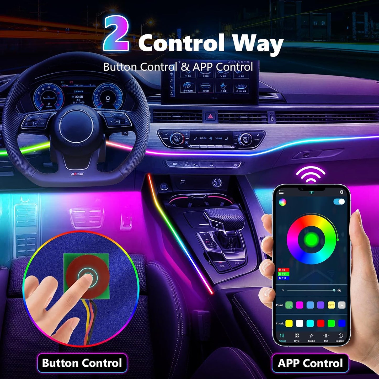 Acrylic Interior Car LED Strip Light, Car Neon Light with APP Control,16 Million Dreamcolor Sound Activated Car Accessories Car Ambient Light Kit with RGB 18 in 1 and 213 Modes 175 inches 593 LED