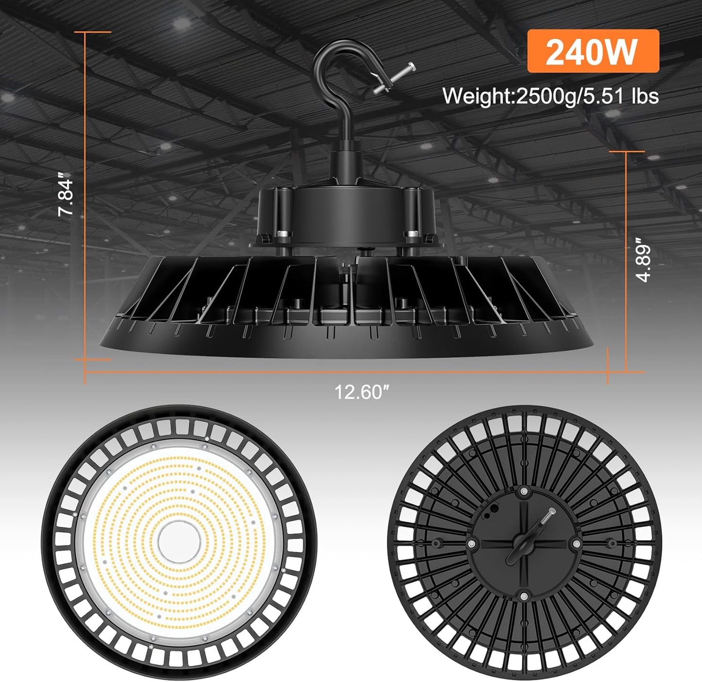 9Pack LED High Bay Lights, Super Bright 240W UFO High Bay LED Shop Lights, 36000LM 5000K, 0-10V Dimmable, 5' Cable Plug, IP65 Waterproof, ETL Listed Plug & Play Lighting for Gym Factory Warehouse
