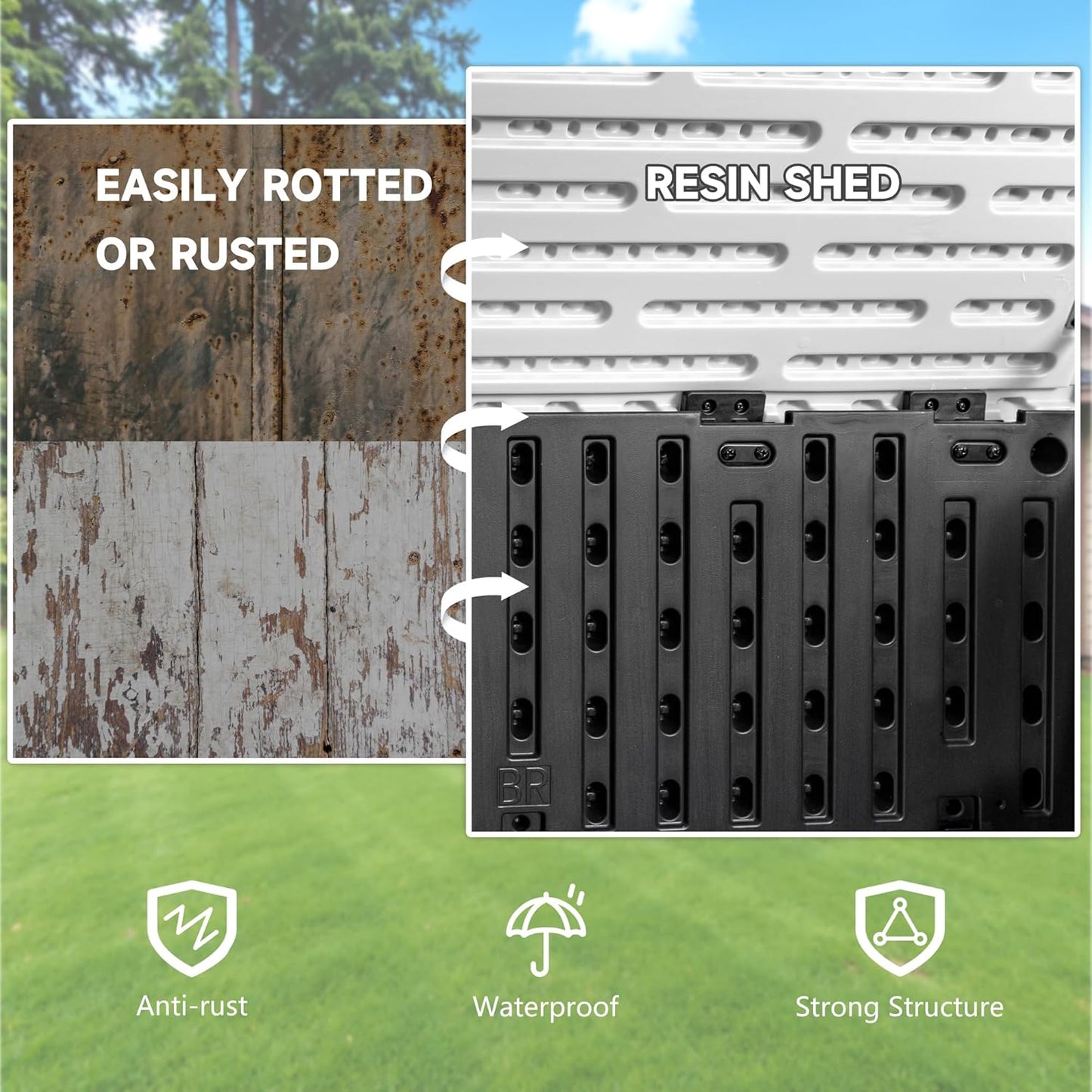 Devoko Resin Outdoor Storage Shed, 34 Cu Ft Outdoor Storage Cabinet Without Shelf, Waterproof, Double Locks, Resin Storage for Trash Can, Garden Tools, Pool Supplies (Black)