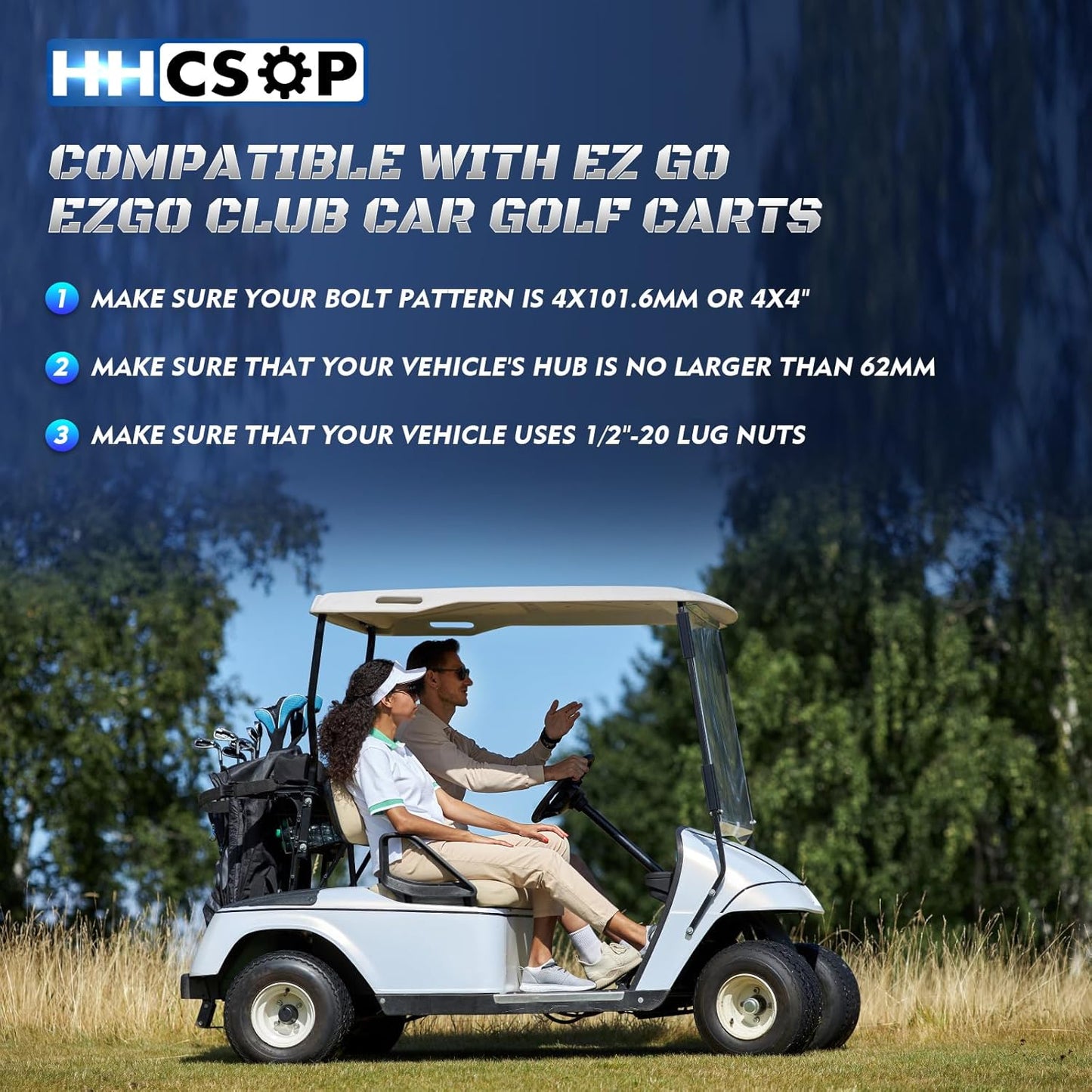 HHCSOP 4x4 Golf Cart Wheel Spacers, 1 inch ATV Wheel Adapters for EZ GO EZGO Club Car, 4PCS 4x101.6mm Wheel Spacer Hub Bore 62mm with 1/2" x20 Studs - Silver