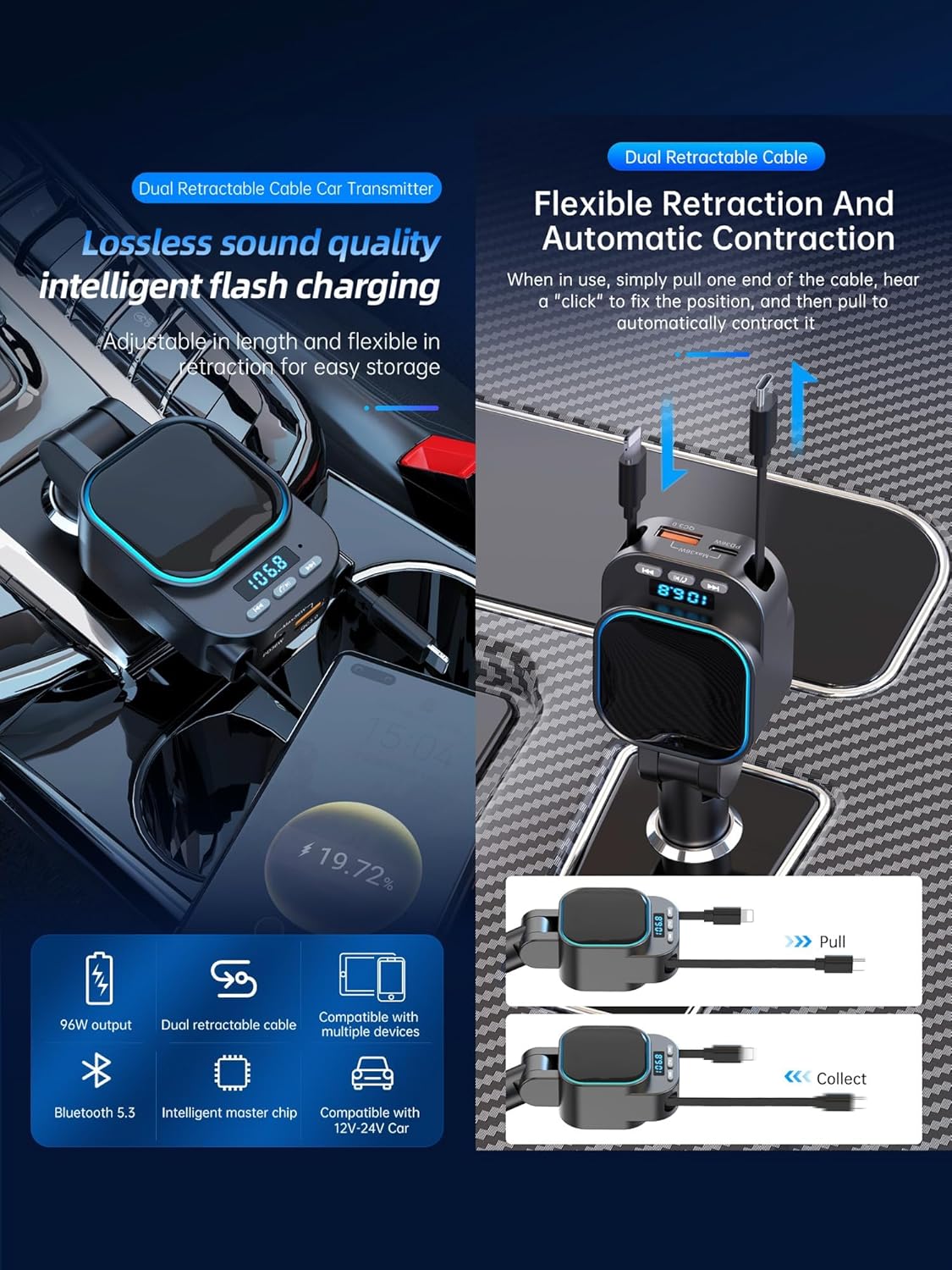 Retractable Car Charger 96W with Bluetooth Car Adapter, 4 in 1 Fast Charging, Radio Bluetooth 5.3 FM Transmitter, Handsfree Calling, USB C Phone car Charger Adapter for iPhone 16 15 14 13 12