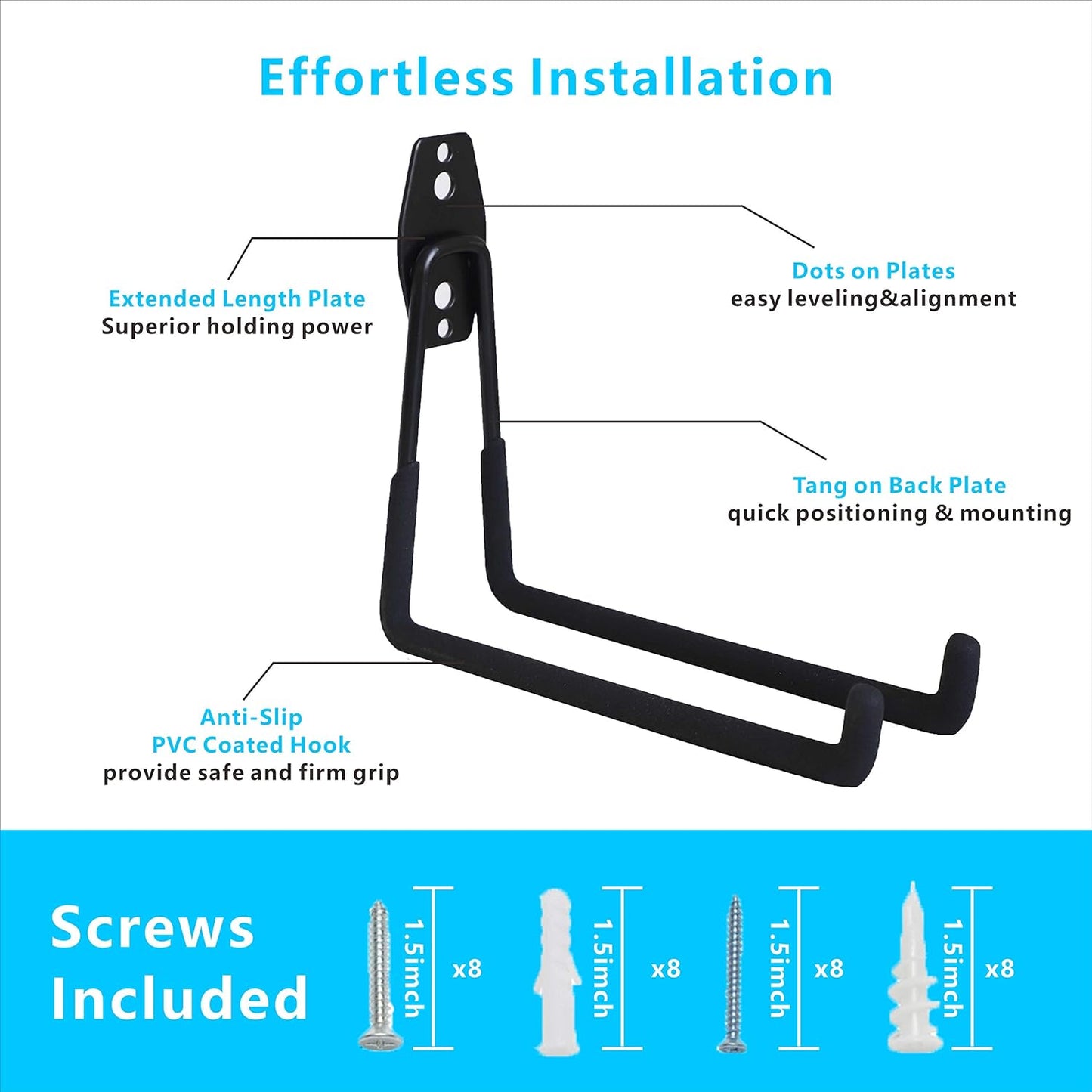 Garage Hooks, 4 Pack Wall Mount Storage Hanger with 2 Extension Cord Holder Organizer, Heavy-Duty 7.5 inch Long Hooks for Ladder, Ski, Sports, Utility, Garden Tool, Hose Storage Rack Organizer