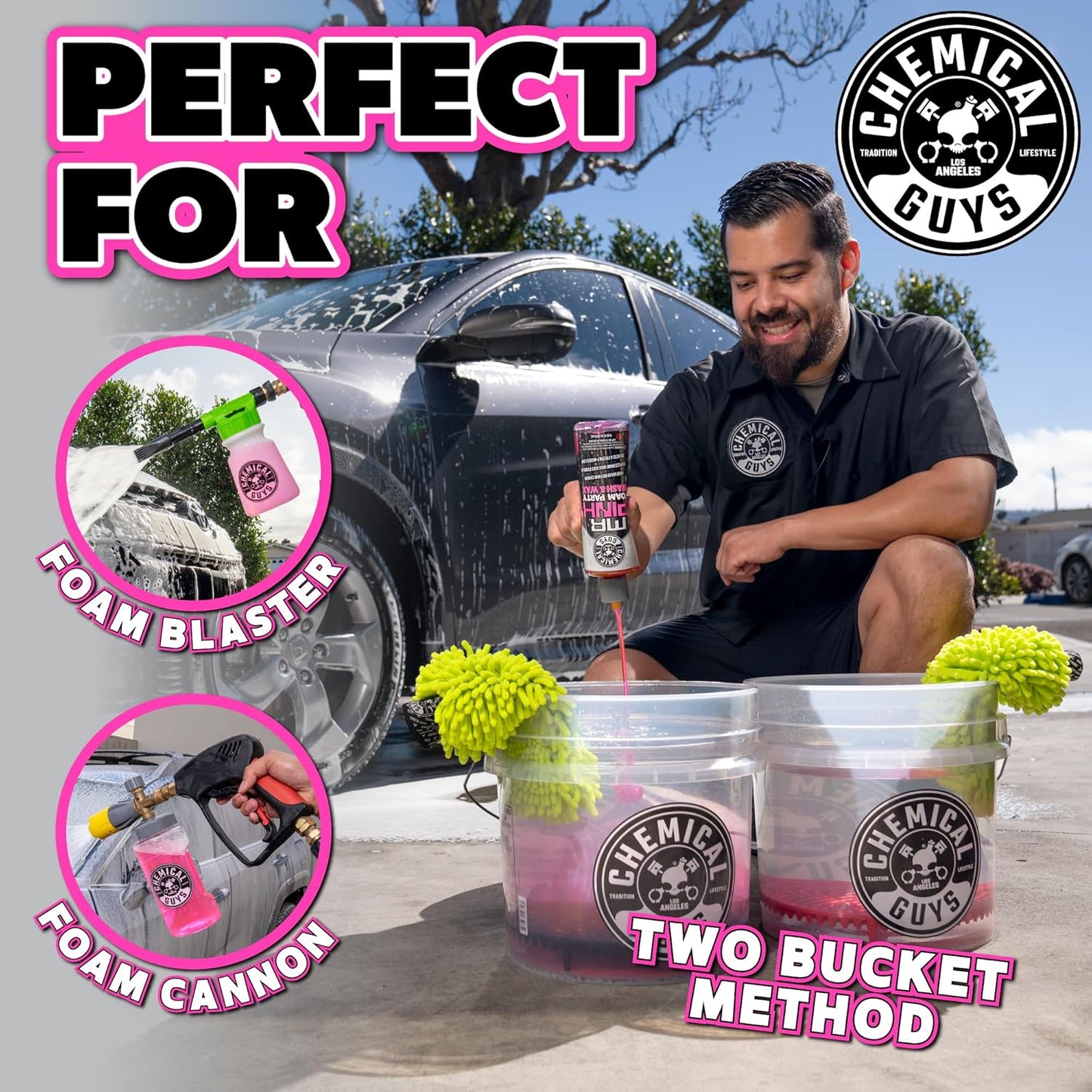 Chemical Guys EQP367 TORQ Professional Snow Foam Cannon Car Wash Snow Foamer + Mr. Pink Foam Party Wash & Wax 16 fl oz (Safe for Cars, Trucks, SUVs, RVs, & More) Works with Pressure Washer