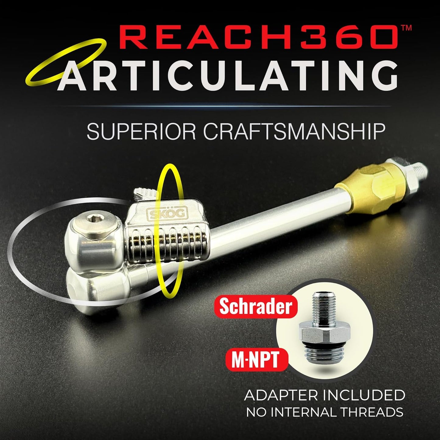 Chuck Mates™ Reach360™ Platinum Series Articulating Rigid 7" Extension with Adapter for Tire Inflators | Dually Trucks RV Bicycle Car Semi