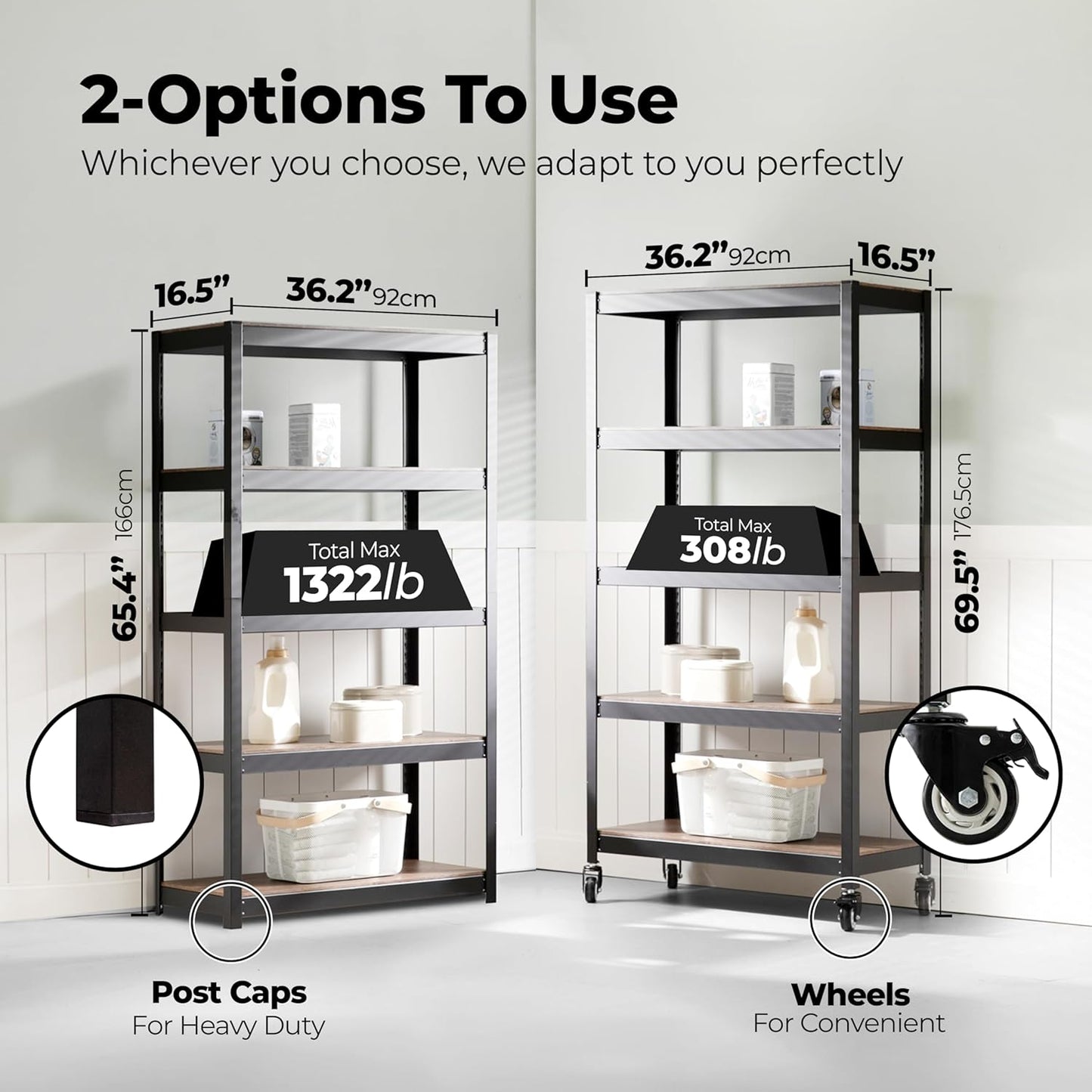 HOMEDANT House 5-Tier Metal Rolling Cart Shelf Rack Casters Heavy Duty Laminated Wheel Shelving Unit Adjustable Utility Storage Shelves Organizer Shelf Kitchen Garage 36.2" W x 16.5" D x 69.5" H 4Pack