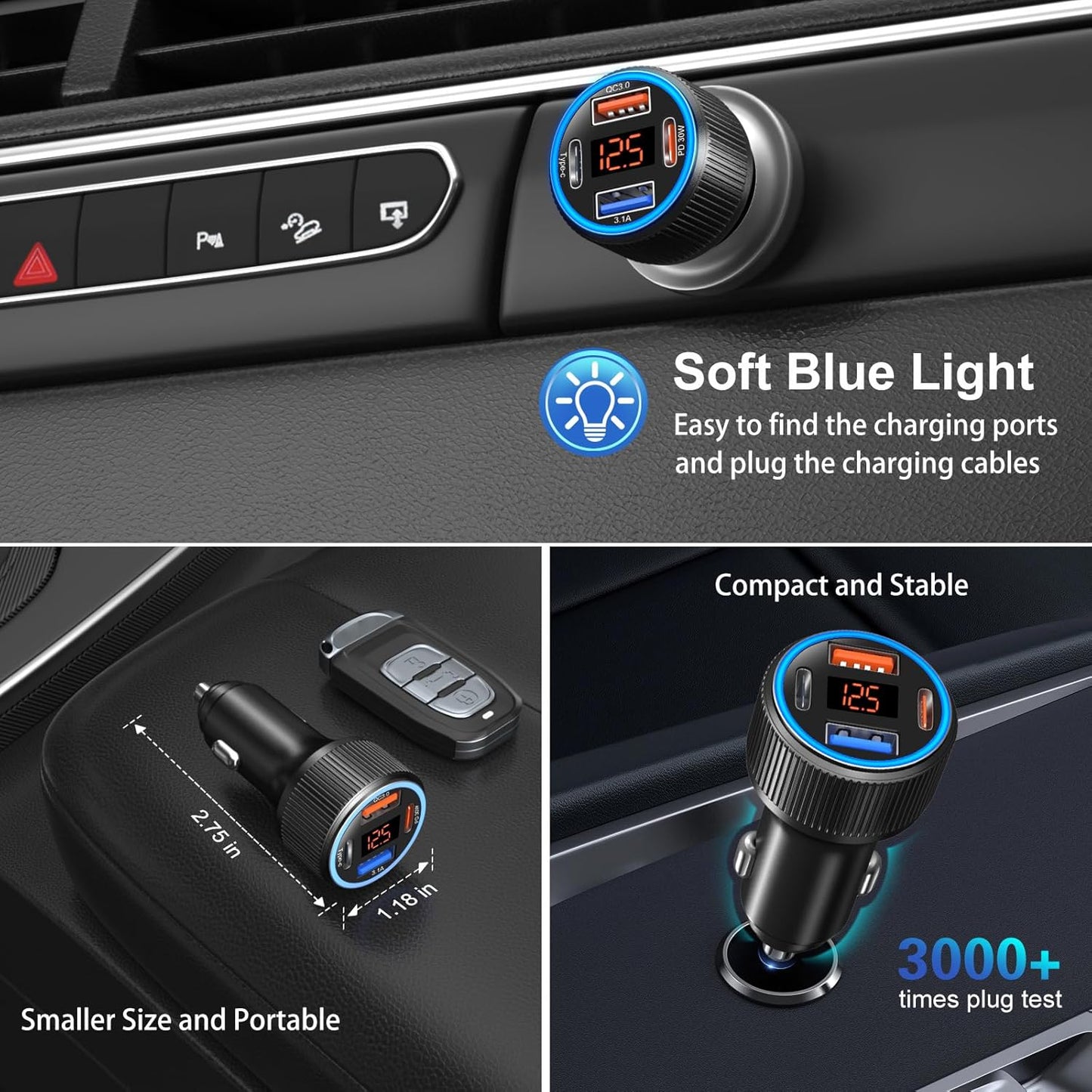 USB C Car Charger, 3 Pack 65W Dual 12V Car Power Adapter with Voltmeter QC+PD 3.0 Multi Port Fast Charging Cigarette Lighter USB Charger for iPhone 16 15 14 13 12 Pad Pro Max, Android(Black Gray)