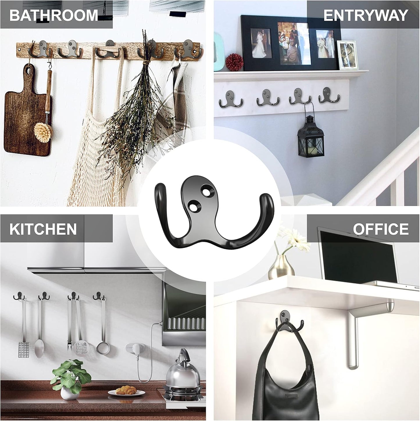 12 Heavy Duty Double Prong Coat Hooks | Wall Hooks with 24 Screws for Kitchen, Grocery Room, Bedroom