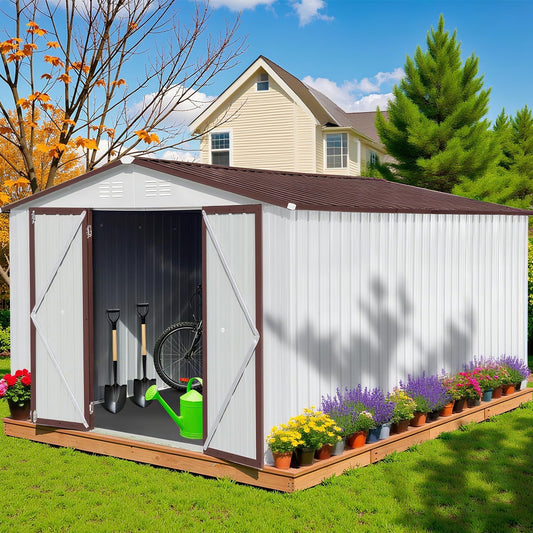 10 x 12 FT Outdoor Storage Metal Shed, Garden Bike Shed with Slooping Roof, Lockable Doors and Windows, All-Weather Tool Shed Easy to Assemble for Backyard, Patio, Lawn, White
