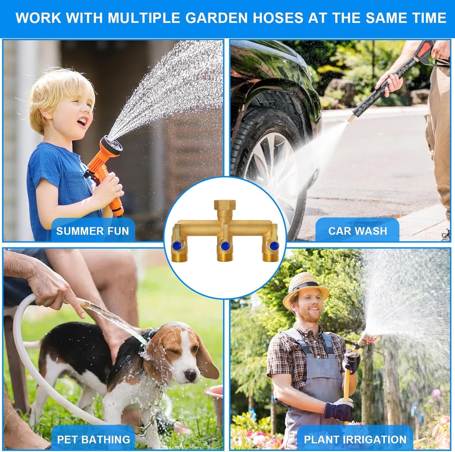 Brass Garden Hose Splitter, 3 Way Hose Splitter, Outdoor Hose Splitter, GHT 3/4 in. Female Inlet and 3 Way 3/4 in, (Increase Flow Style)