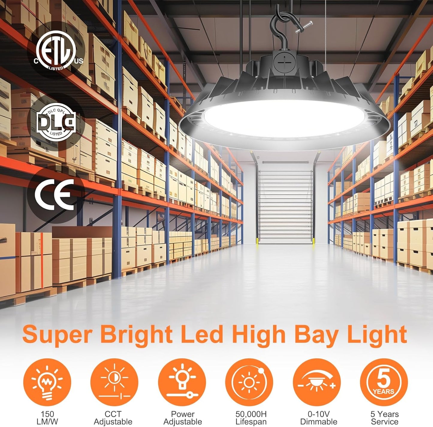 9Pack LED High Bay Lights, 200W UFO High Bay LED Shop Lights, 30000LM Adjustable CCT(5700K 5000K 4500K) & Power(200W 150W 100W), 0-10V Dimmable, 5' Cable Plug, IP65 Waterproof, ETL & DLC Listed