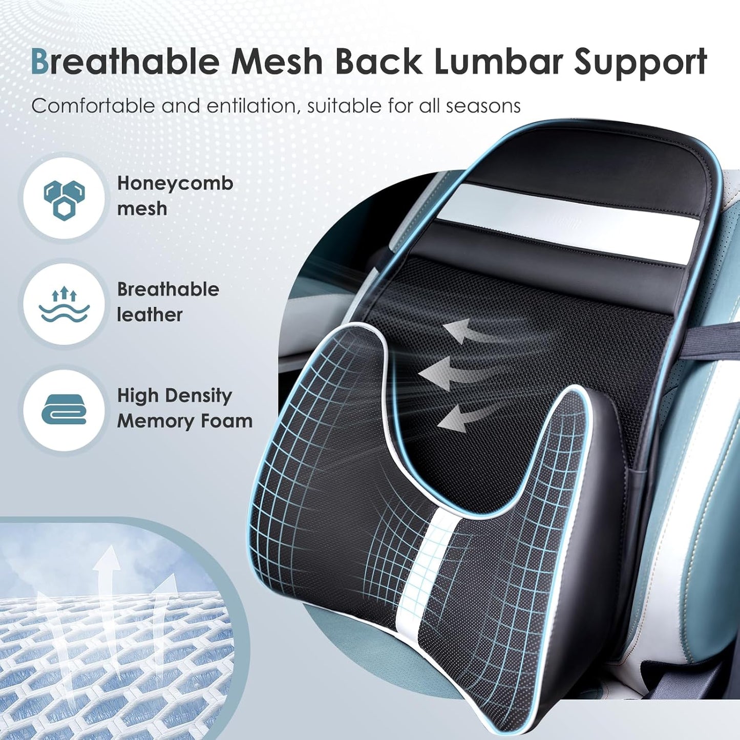 FLORICH Double Layer Breathable Mesh Lumbar Support Ergonomic Leather Lumbar Support Pillow with 3D Mesh Back Support and Adjustable Strap for CarSeat & Office Chair