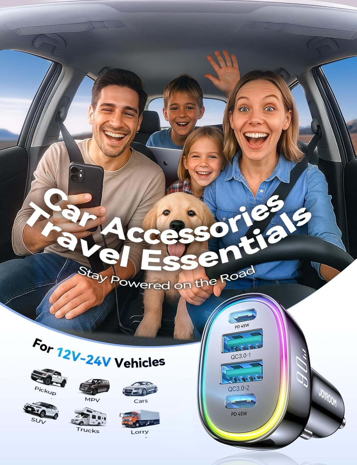 JOYROOM Car Charger USB C, 90W 4 Port Car Charger Adapter for iPhone 16 Fast Charging, Road Trip Essentials Fast Cigarette Lighter Adapter, Truck Car Accessories for iPhone15/14 Pro, Samsung S25/S24