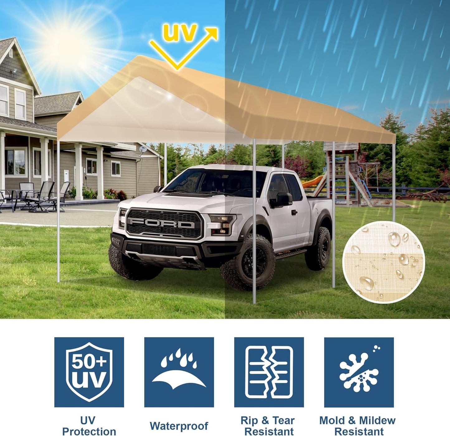 10'x20' Upgraded Carport Replacement Top Canopy Cover Beige for Car Garage Top Tarp Shelter Waterproof & UV Protected w/Ball Bungees (Only Top Cover, Frame is not Included)