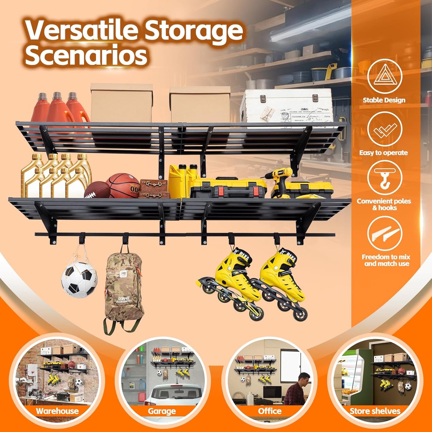 Garage Wall Shelving with Hooks,2-Pack 1.64 x 6ft Garage Wall Shelf,Loads 1050 lbs Heavy Duty Wall Shelves,20” x 72” Garage Shelves Wall Mounted,Black