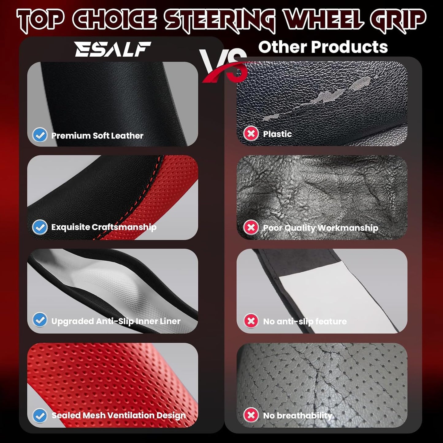 Breathable Soft Leather Steering Wheel Cover with Anti-Slip Grip, fits 14.2 to 14.96 inch Round Wheels and Compatible with Tesla, Toyota, Honda, Nissan Models（Sedans and SUVs）