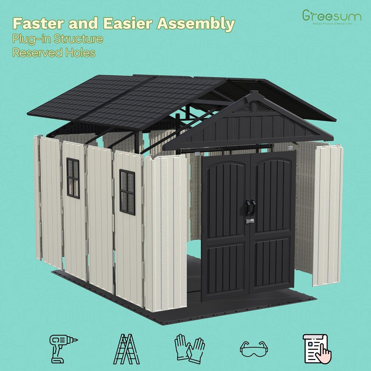 Greesum 8×12 FT Plastic Outdoor Storage Shed with Floor, Resin Sheds with Window and Lockable Door, Weather Resistant Organization for Garden, Lawn, Pool Supplies, Beige