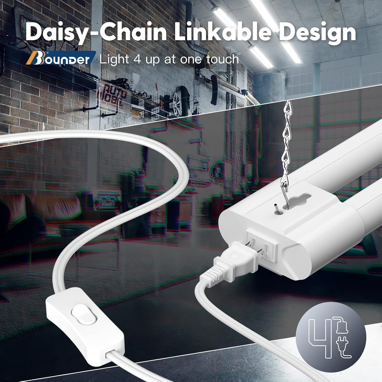 Bbounder 10 Pack Linkable LED Utility Shop Light, 4 FT Integrated Fixture for Garage, 40W Equivalent 250W, 5000K Daylight, Surface + Suspension Mount, Florescent Light Fixture Replacement, White