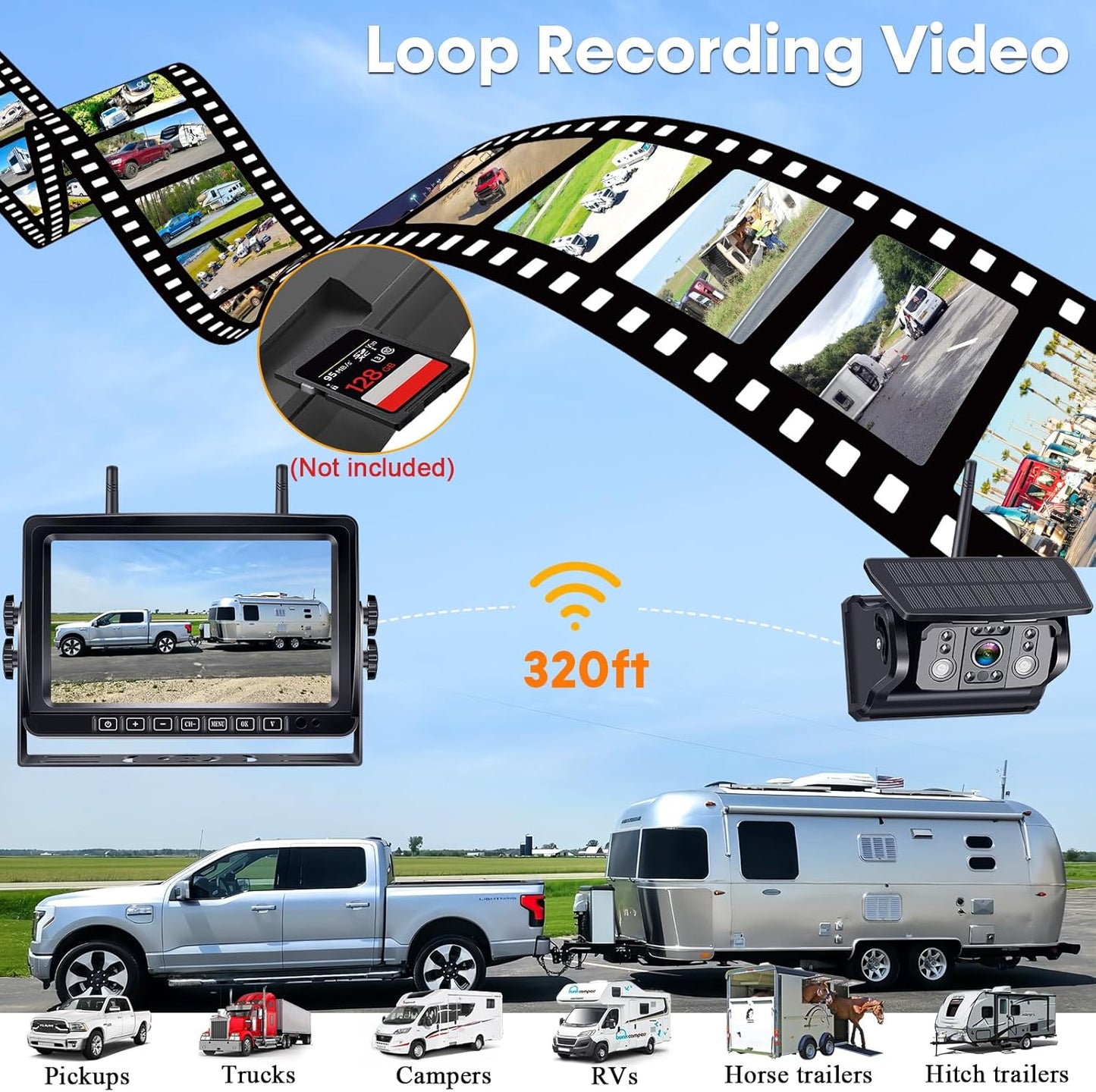 Dual RV Backup Camera Wireless for Trailer: Easy Setup Solar RV Rear View Camera with 7-inch Recording Monitor - 4 Channels Strong Magnetic HD 1080P Long-Battery Life for Camper, Truck, Fifth Wheel