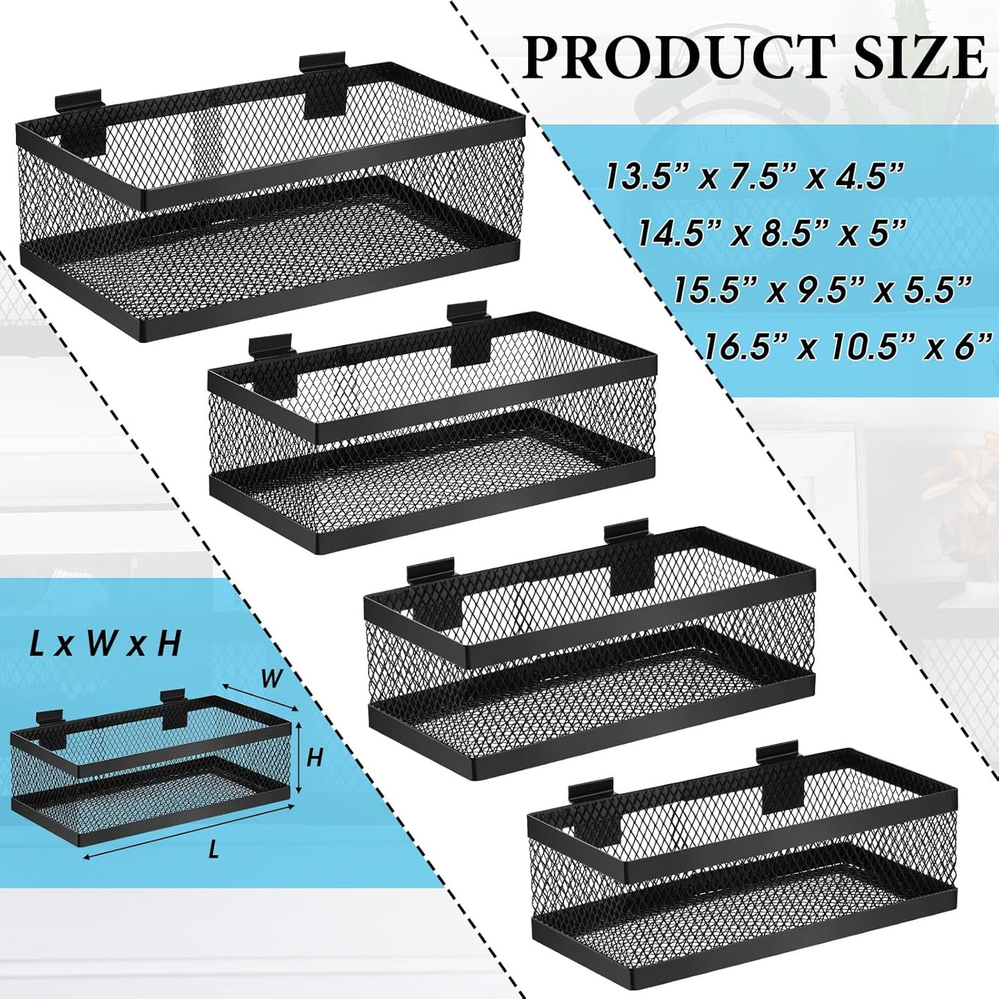 Coume 4 Pcs Black Slatwall Baskets 4 Size Metal Mesh Wire Basket for Slatwall Panels Ventilated Wall Mounted Hanging Accessories for Home Garage Retail Store Display Organizing (Big Size)