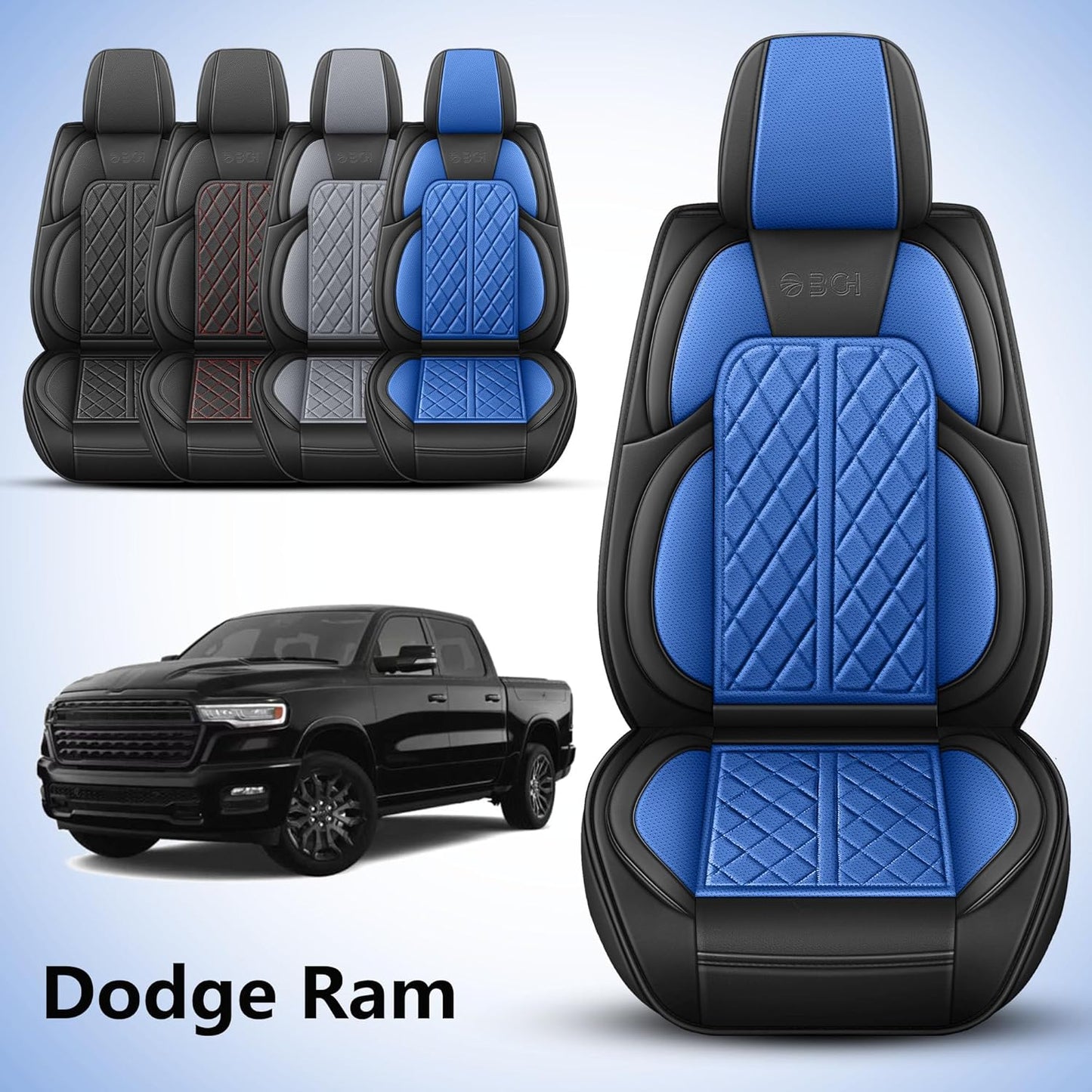 Car Seat Cover Custom Fit for Dodge Ram 1500 2500 3500 2002-2024 Faux Leather Seat Cover Set Compatible with Crew Quad Regular Cab Pickup Truck Cushions (Black & Blue, Full Set, Curved Rear)