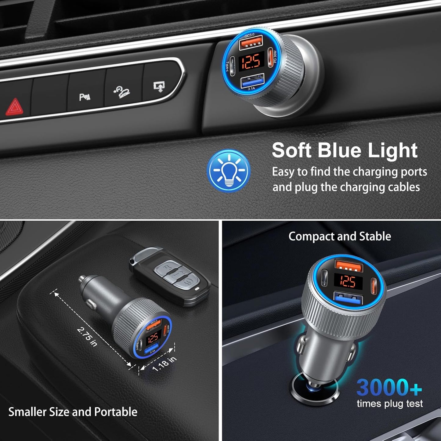 Car Charger USB C, 65W Multi Port Dual 12V Cigarette Lighter USB Car Charger Adapter with Voltage Display PD/QC 3.0 Super Fast Charge Car Phone Charger for iPhone 16 15 14 13 12 Pro Max Plus(Gray)