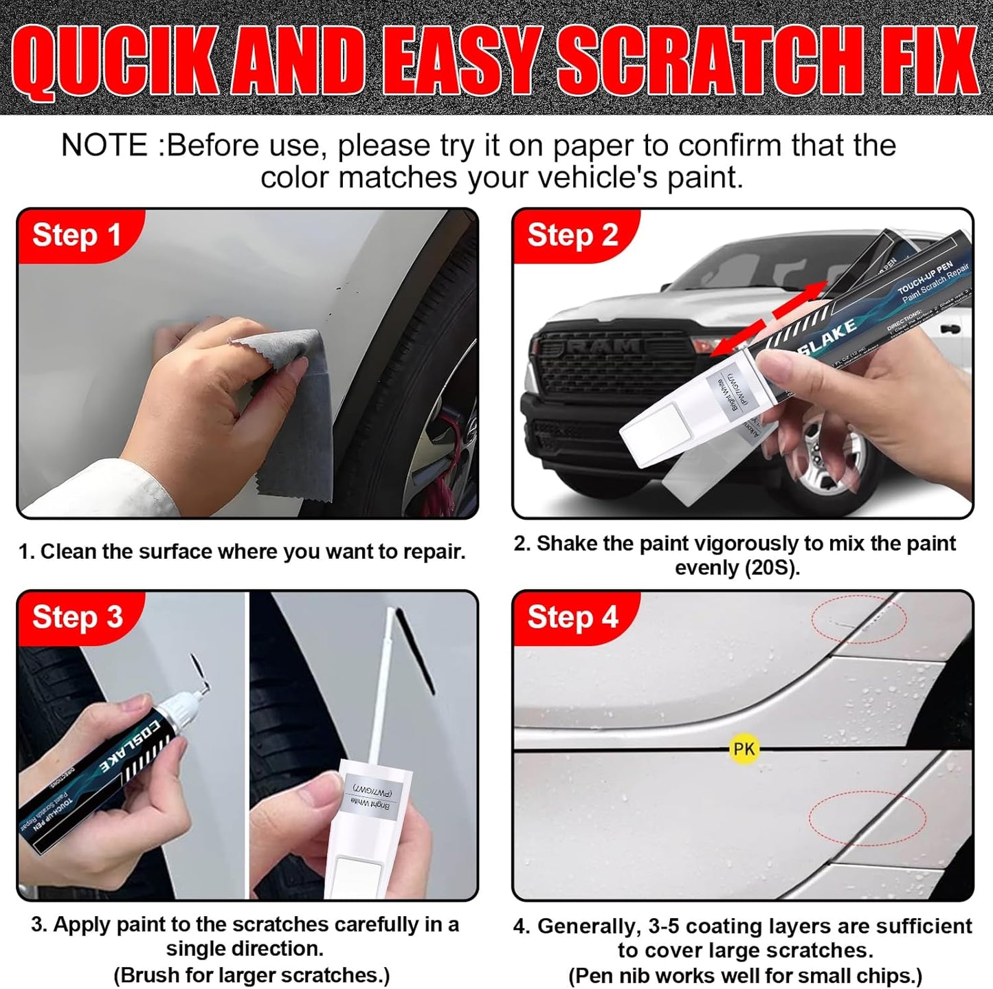 Car Touch Up Paint(Ivory White Tri-Coat Pearl-Coat(PWD/JWD)) for Dodge Ram, Car Paint Scratch Repair Kit, Quick & Easy Solution to Repair, 2 in 1 Scratch Remover Pen with 2PCS Disposable Micro Applicators