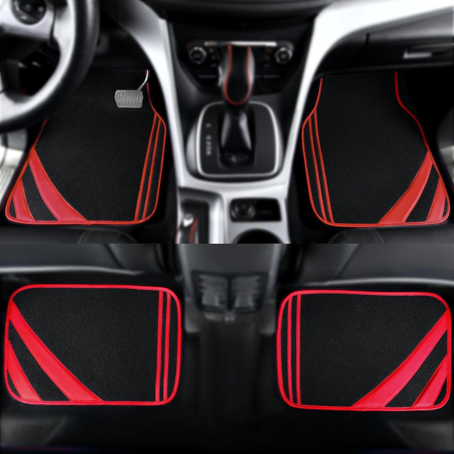 CAR PASS Red Edge Leather Car Floor Mats, Universal Waterproof Car Mats with Double Stitch Line and Anti-Slip Backing Design, for Cute Girly Women, Fit 95% Automotive,SUVs,Sedan,Vans (Black and Red)