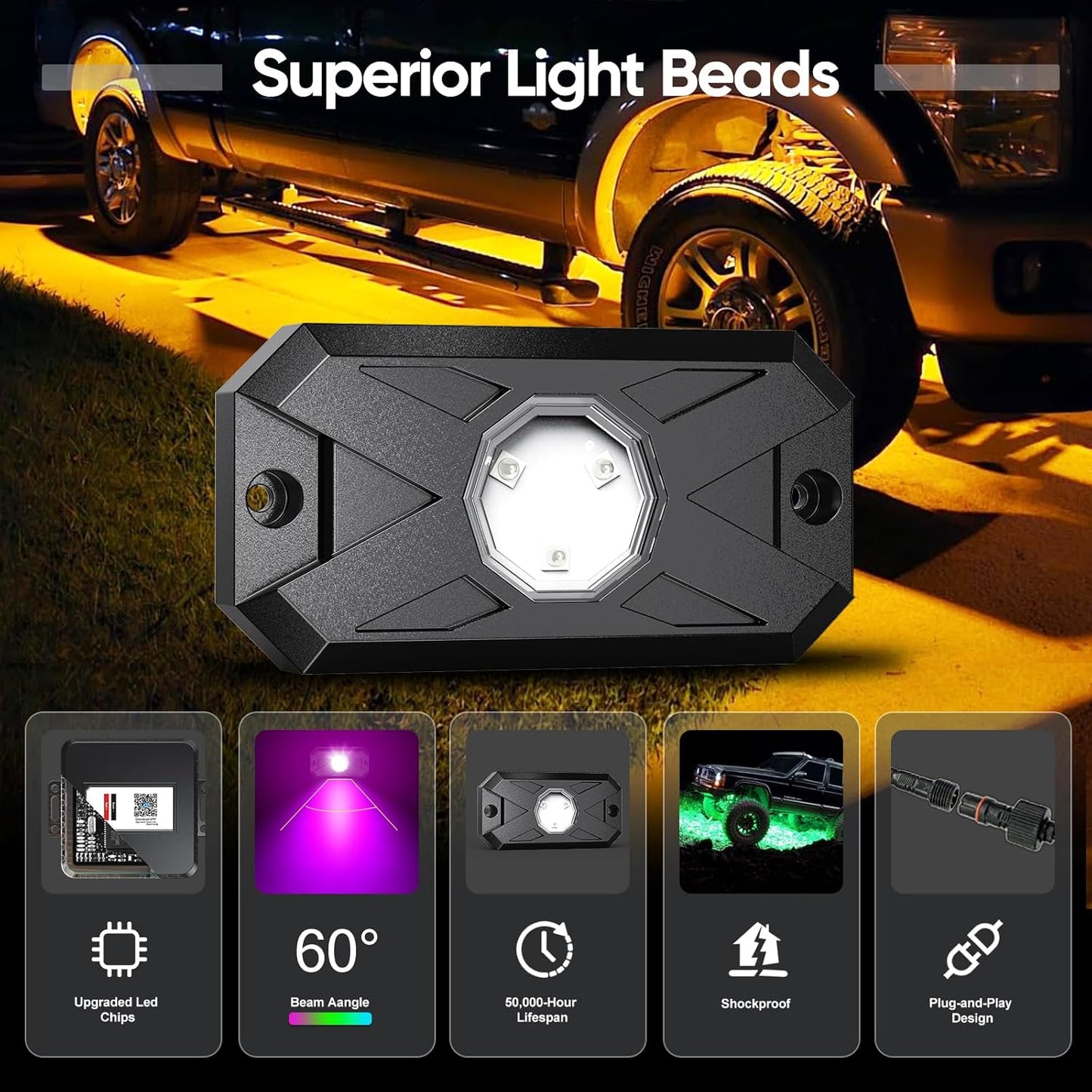 YiLaie RGB LED Rock Lights Kit 8Pods with APP/RF Remote Control, Upgraded Underglow Multicolor LED Light Pod with Flashing Music Mode, Rock Lights for Truck ATV UTV RZR SUV, IP68