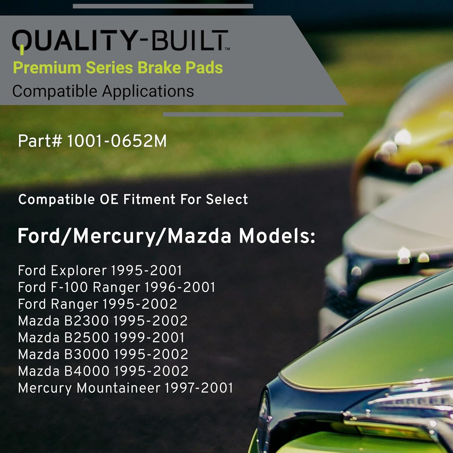 Premium Semi-Metallic Front Brake Pads (1001-0652M) Compatible with 1995-2002 Ford/Mazda/Mercury (B2300/B2500/B3000/B4000/Explorer/F-100 Ranger/Mountaineer/Ranger)