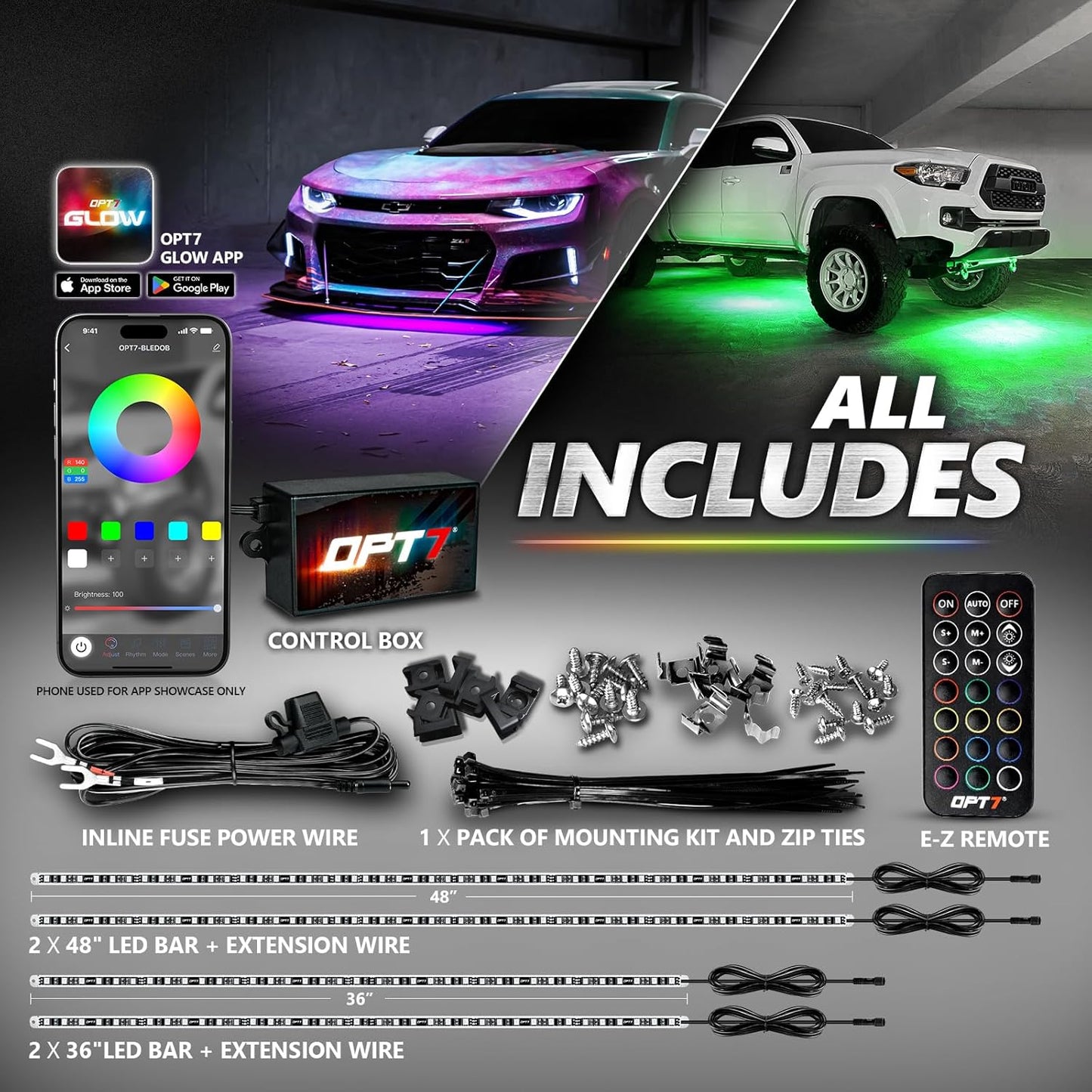 OPT7 Aura Pro Underglow LED Lights with APP & Remote Control, RGB Multicolor Mode, Music Sync, 4 PCS Waterproof Rigid Aluminum Light Bar, Exterior Underbody Lighting Kit Universal Fit for Car Truck RV