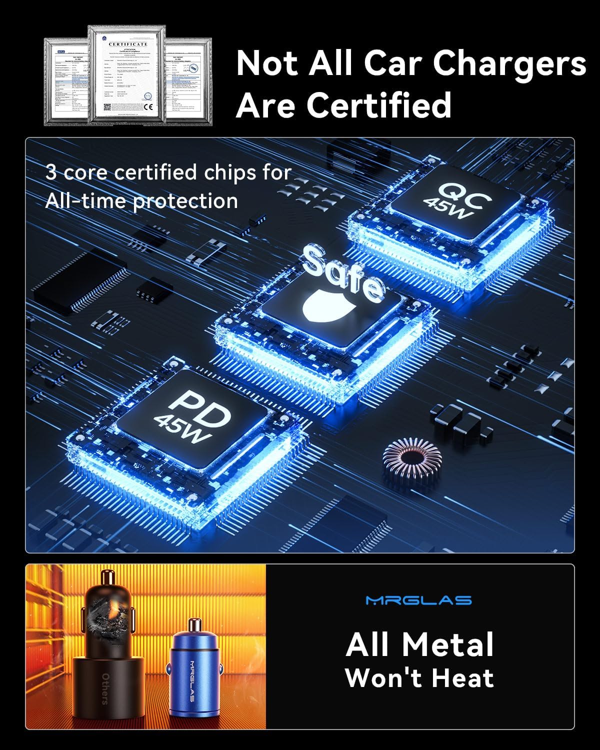 MRGLAS 90W USB C Car Charger Fast Charging, [Smallest Metal] Dual Port PD45W+QC3.0 Cigarette Lighter Adapter for iPhone 16 Pro Max 15 iPad Samsung S25 - Blue