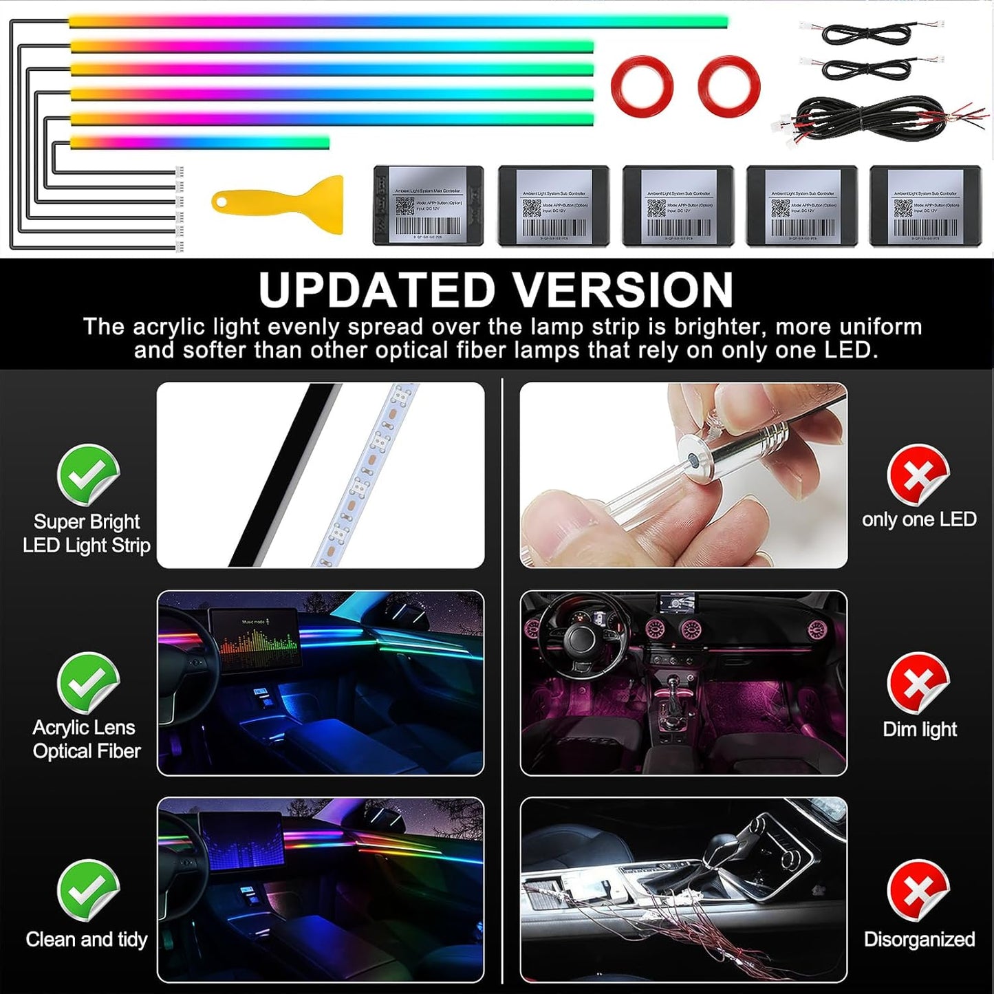 Dream+Color Acrylic Interior Car LED Strip Light with Wireless APP, RGB 6 in 1 with 175 inches 593 LEDs Fiber Optic Strip Lights for Car, Dynamic Chasing Music Sync Neon Ambient Lighting Kits