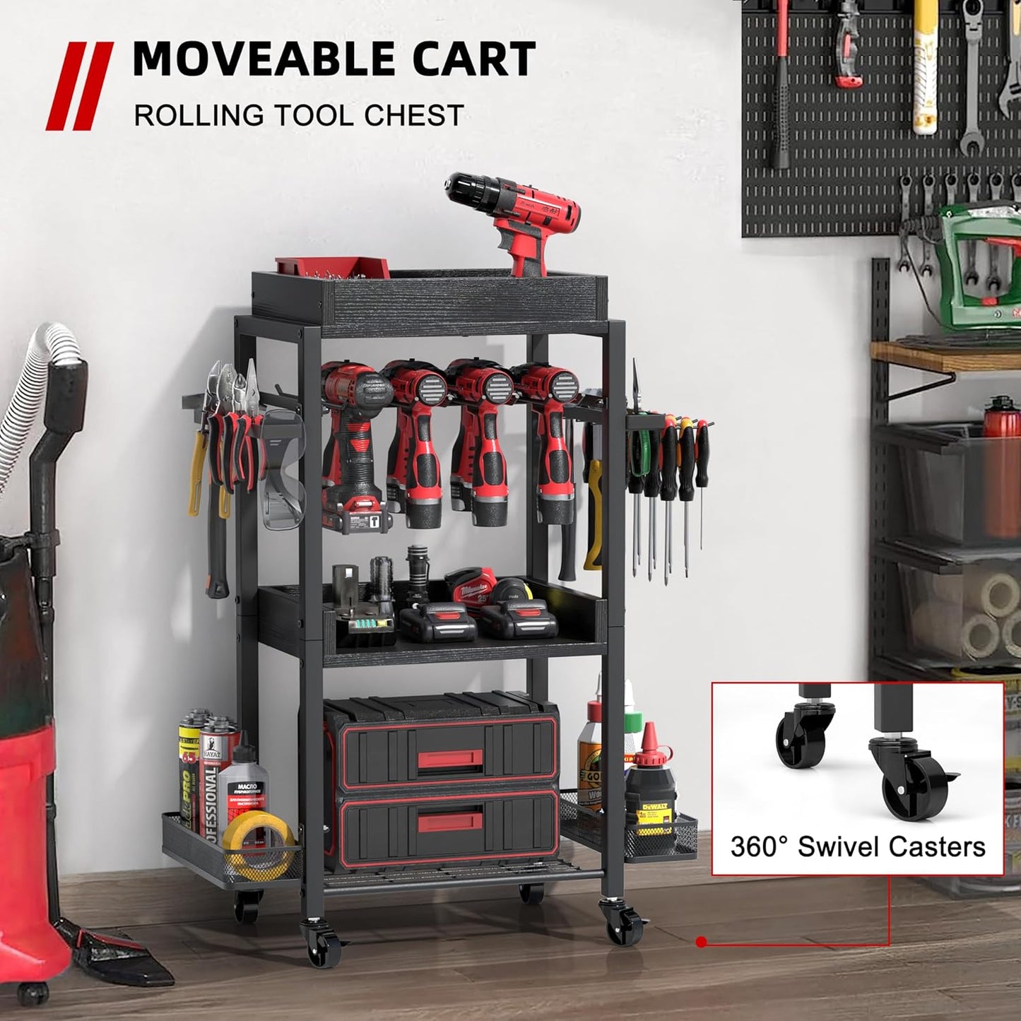 DEWALT Power Tool Organizer - Garage Storage Shelving with Rolling Cart & Open Tool Chest Cabinet Box Organizer with Wheels - Workshop & Gift Ideas for Men, Dad