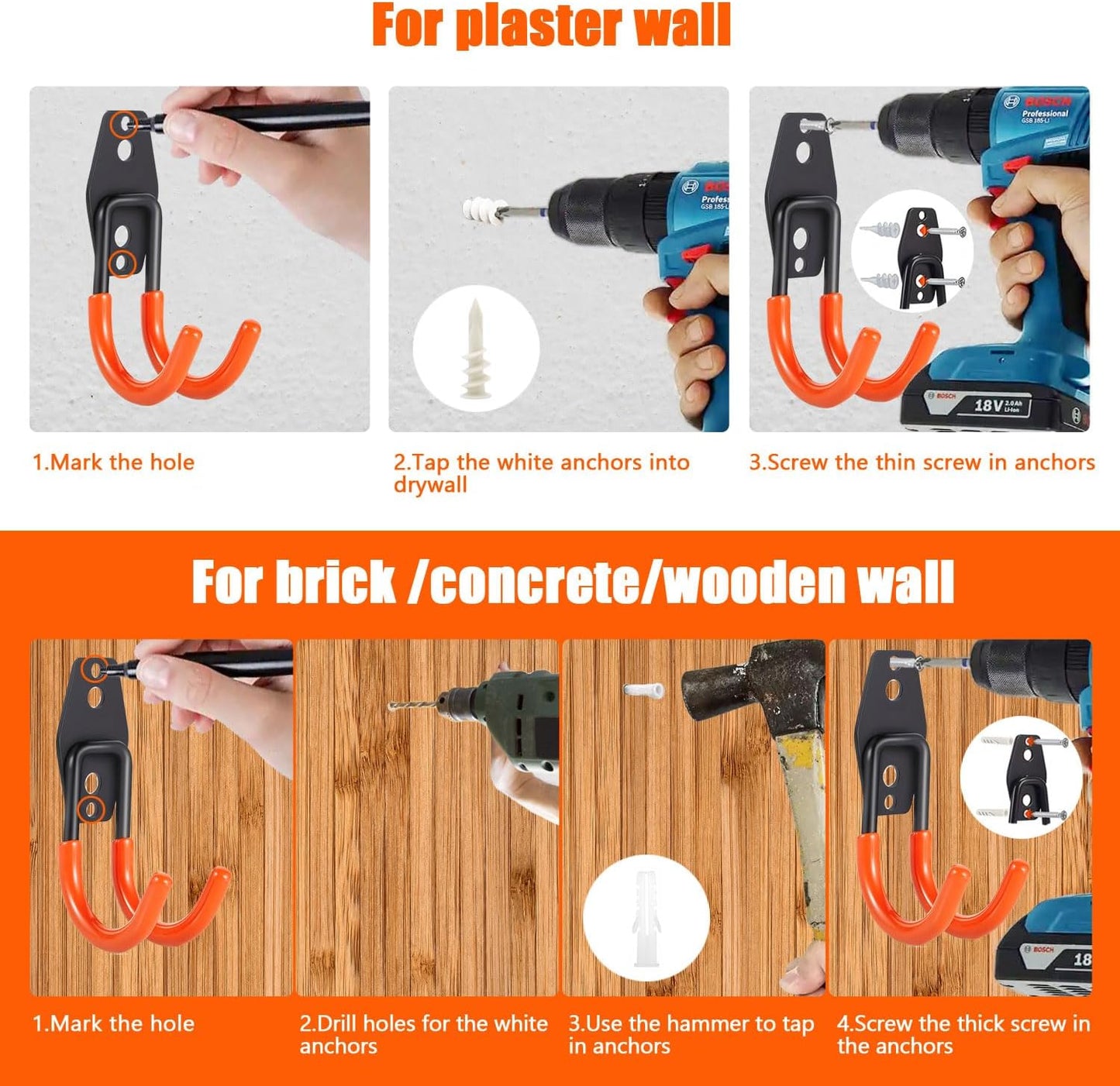 Heavy-Duty Garage Hooks -2 Pack Type U- Anti-Slip Coated Wall-Mounted Hooks Wall Mount Storage Organizer for Hanging Power and Garden Tools, Ladders, Hose, Bikes, Ropes, Bulk Items, and More ﻿