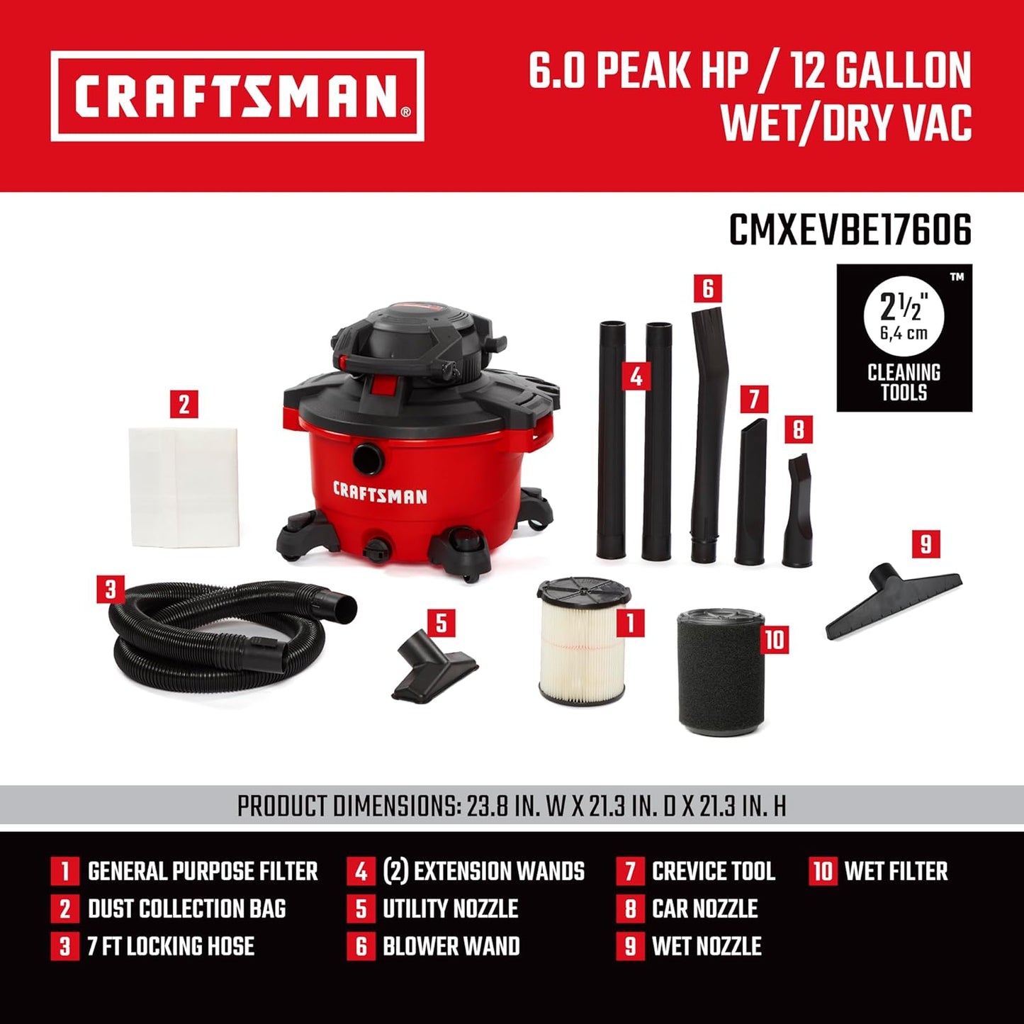 CRAFTSMAN CMXEVBE17606 12 Gallon 6.0 Peak HP Wet Dry Vac with Detachable Leaf Blower, Portable Shop Vacuum with Filters, Dust Bag, Wet Nozzle, Hose, Attachments for Garage Cleaning