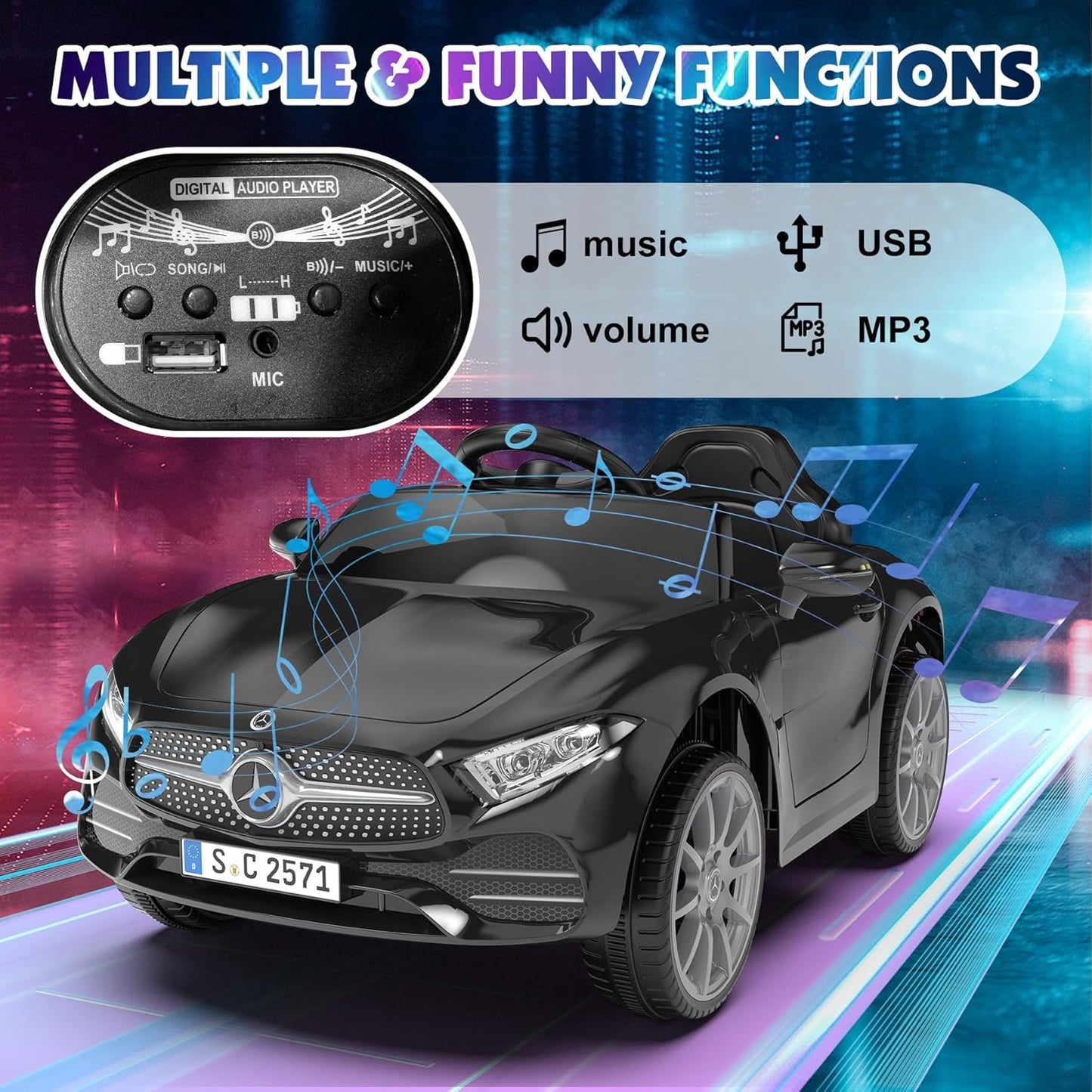 12V Kids Ride On Car with 2.4G Remote Control,Battery Powered Electric Car Ride On Vehicle Double Doors, 5 Point Safety Belt,LED Light (SC-Black)